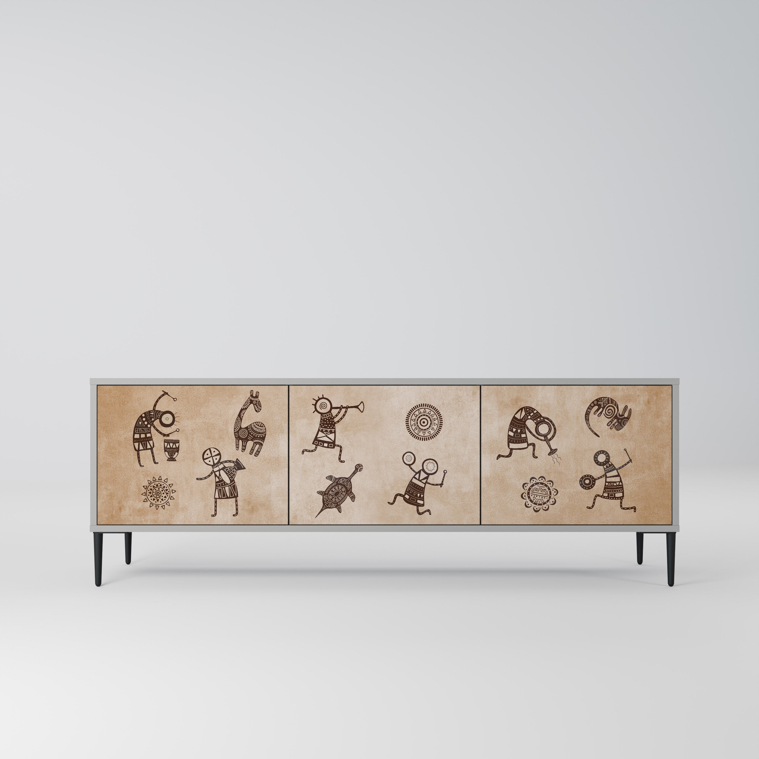 Meuble TV 3 portes de style africain, finition grise