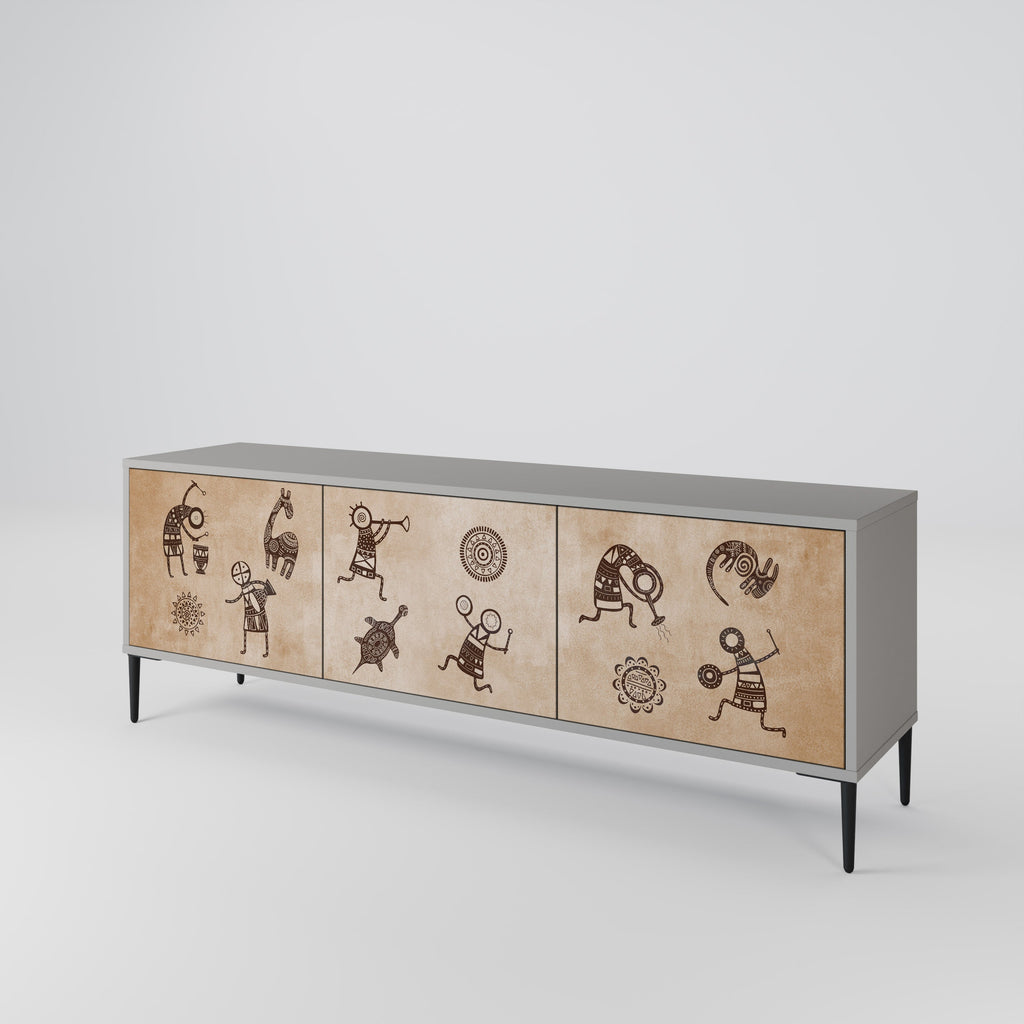 Meuble TV 3 portes de style africain, finition grise