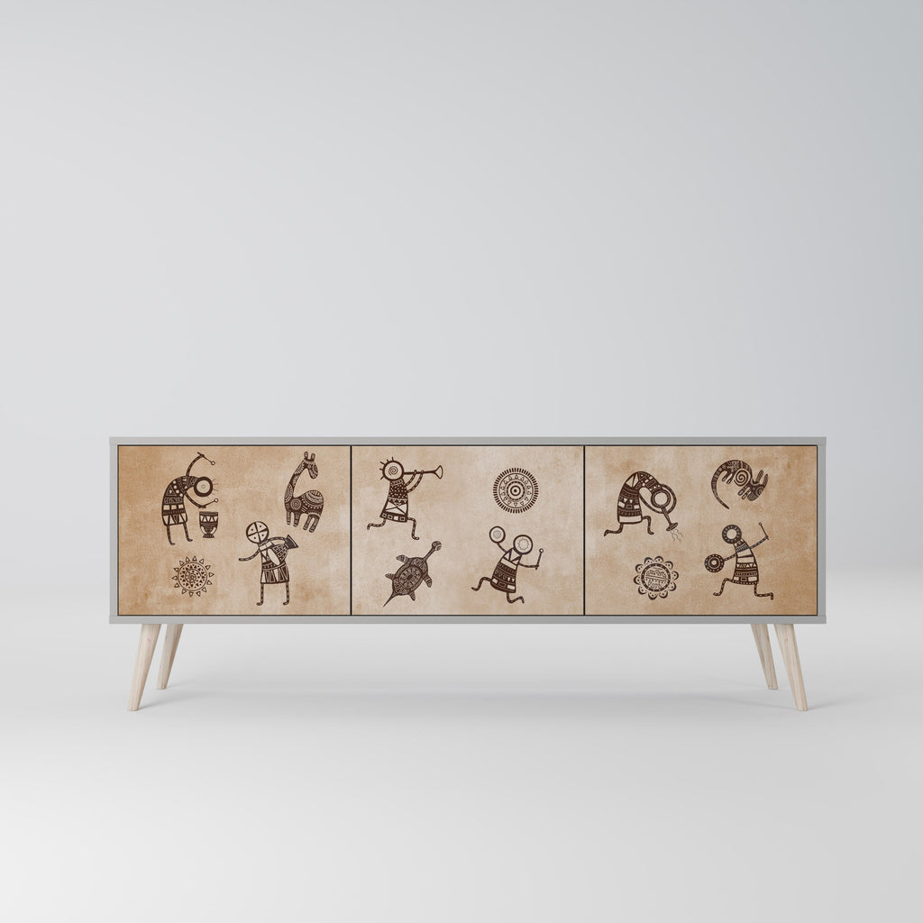 Meuble TV 3 portes de style africain, finition grise