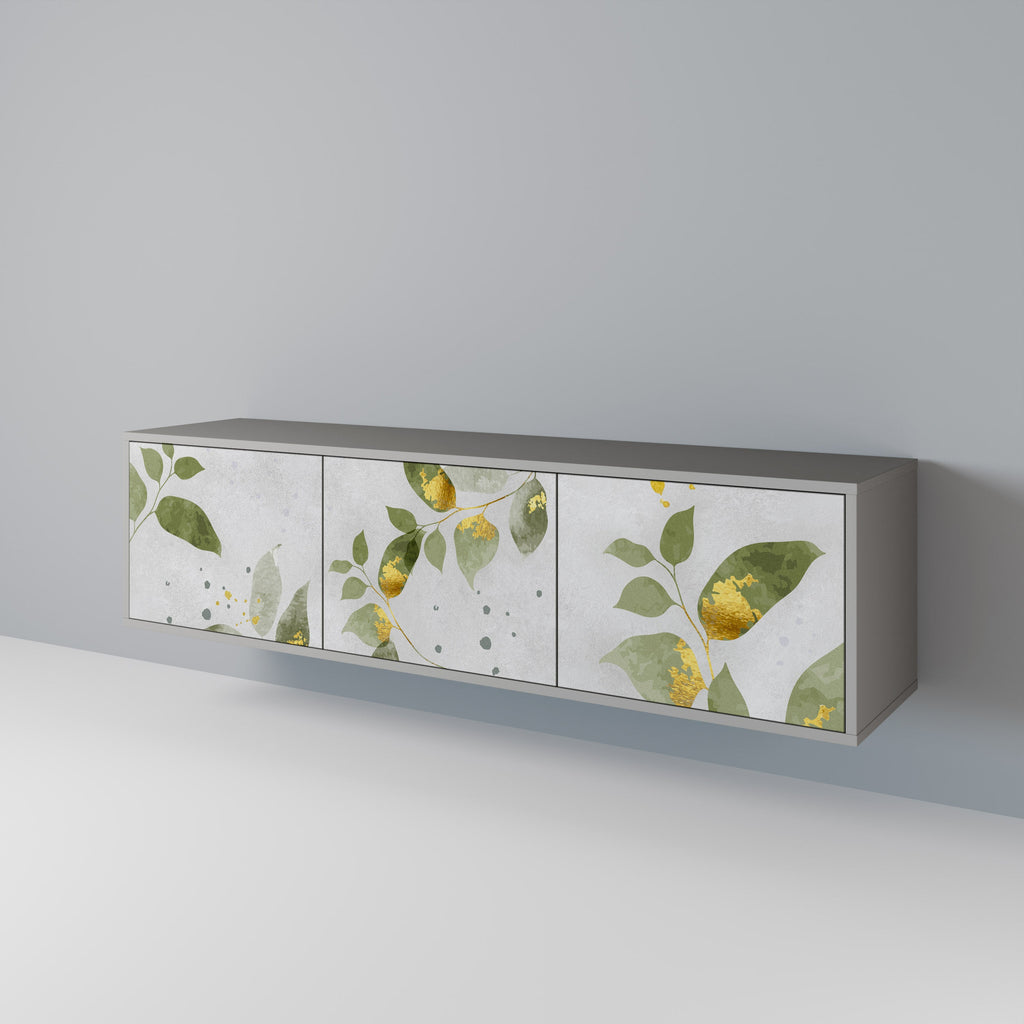 Meuble TV 3 portes ELEGANT BOTANICS, finition grise