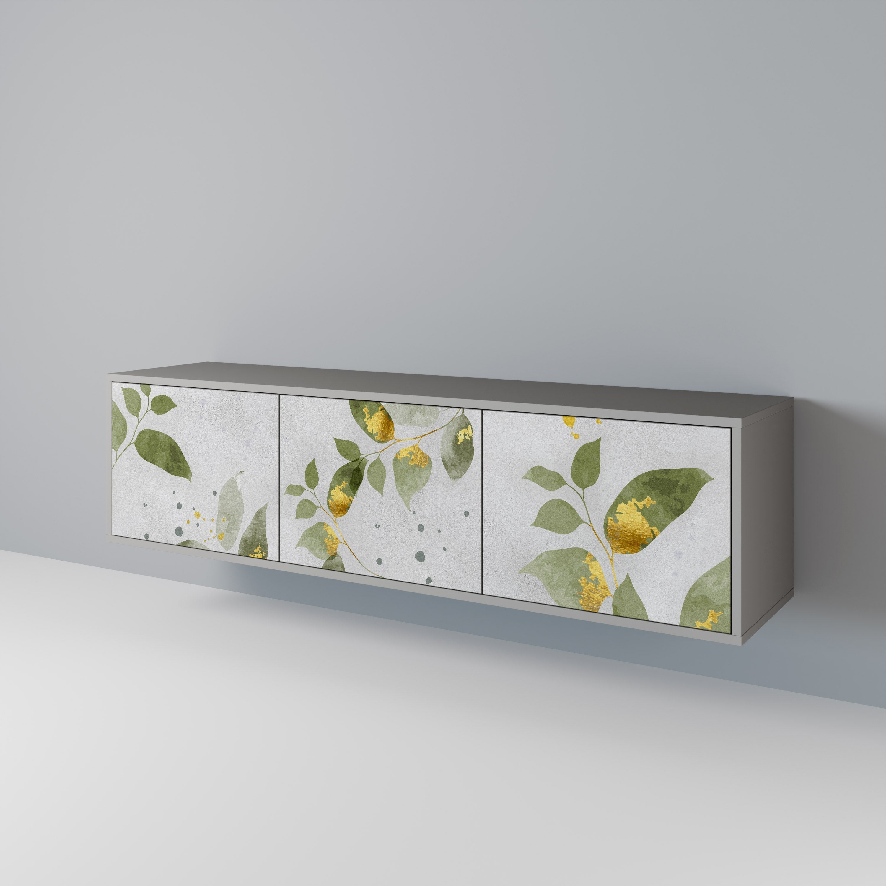 Meuble TV 3 portes ELEGANT BOTANICS, finition grise