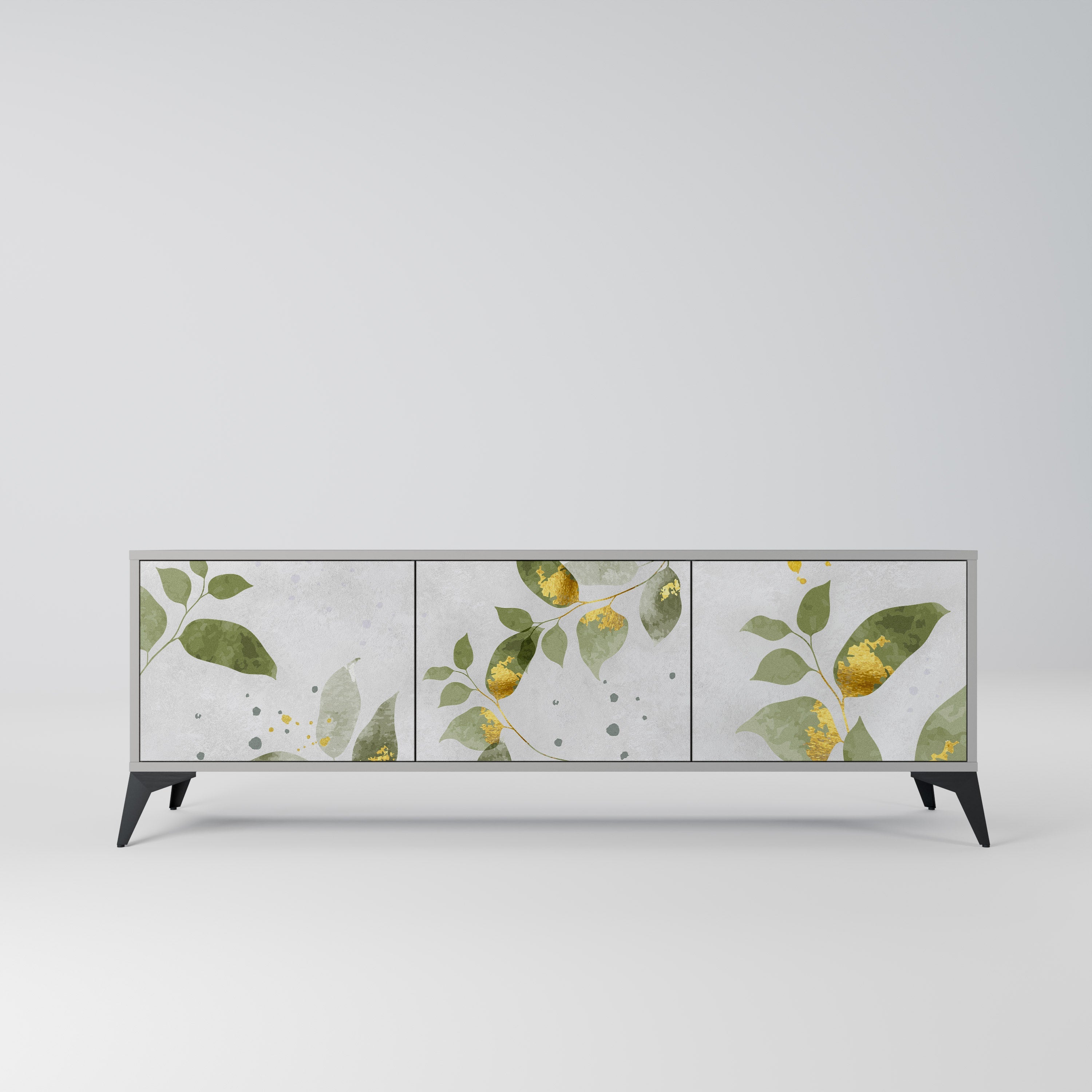 Meuble TV 3 portes ELEGANT BOTANICS, finition grise