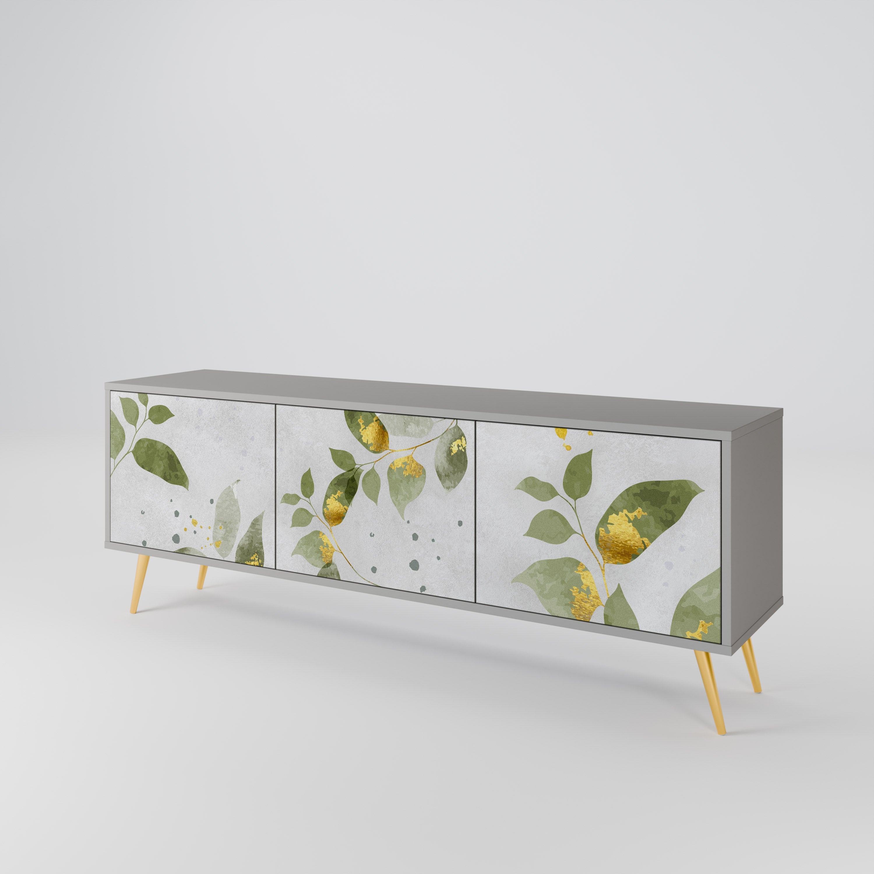 Meuble TV 3 portes ELEGANT BOTANICS, finition grise