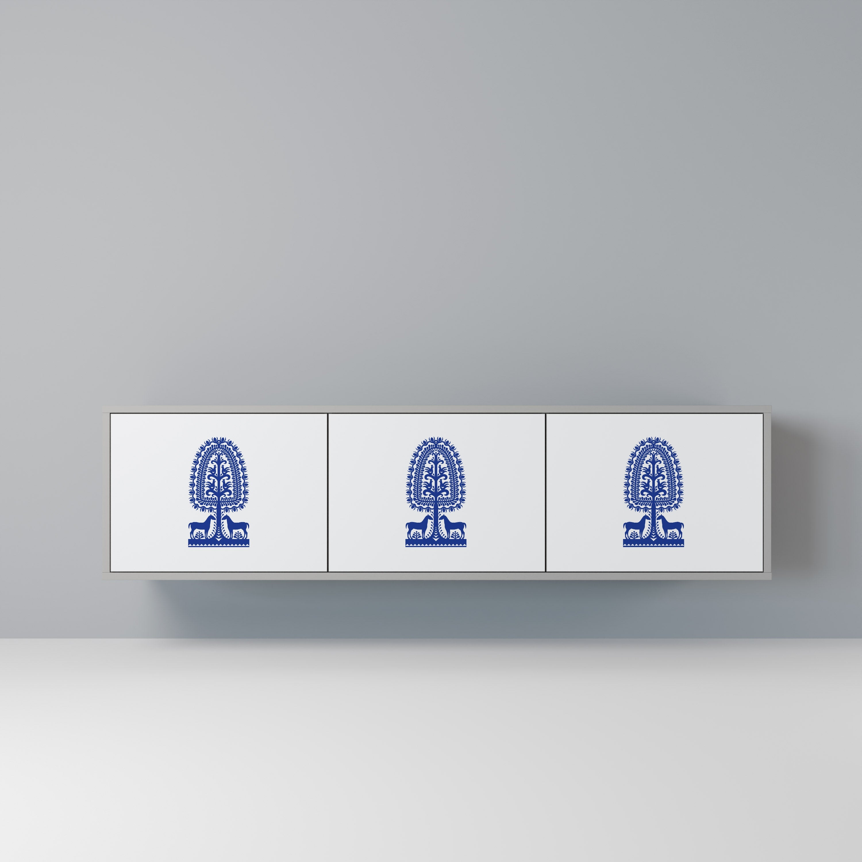 Meuble TV 3 portes POLISH FOLK ART, finition grise