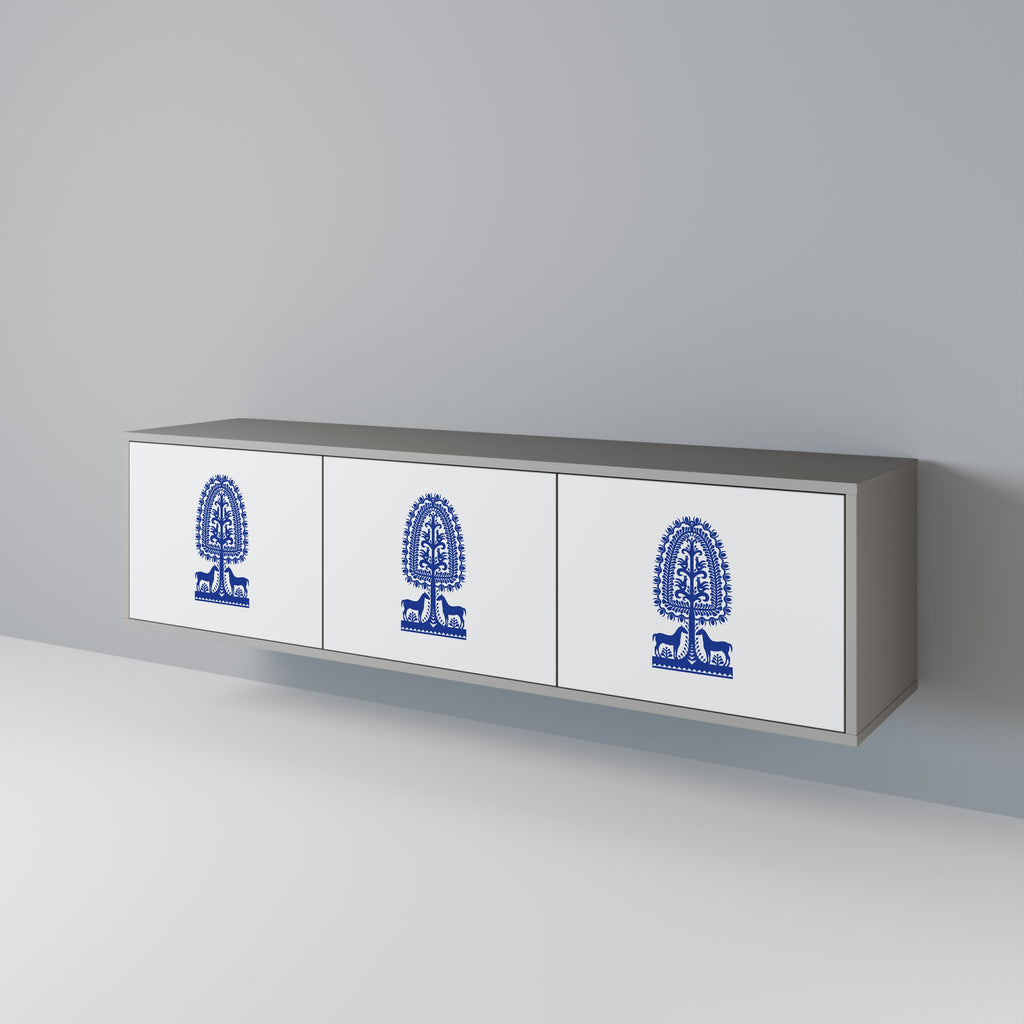 Meuble TV 3 portes POLISH FOLK ART, finition grise