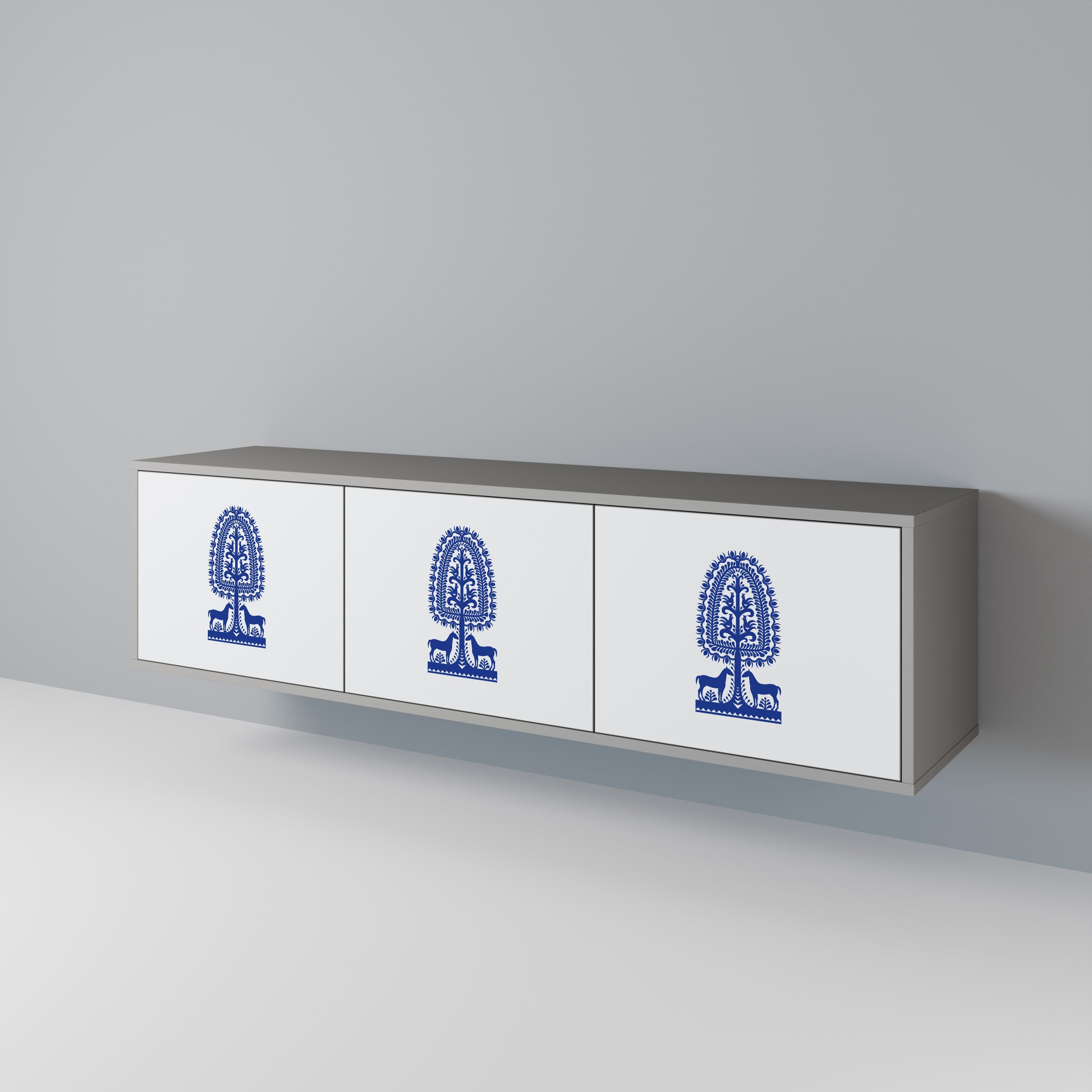 Meuble TV 3 portes POLISH FOLK ART, finition grise