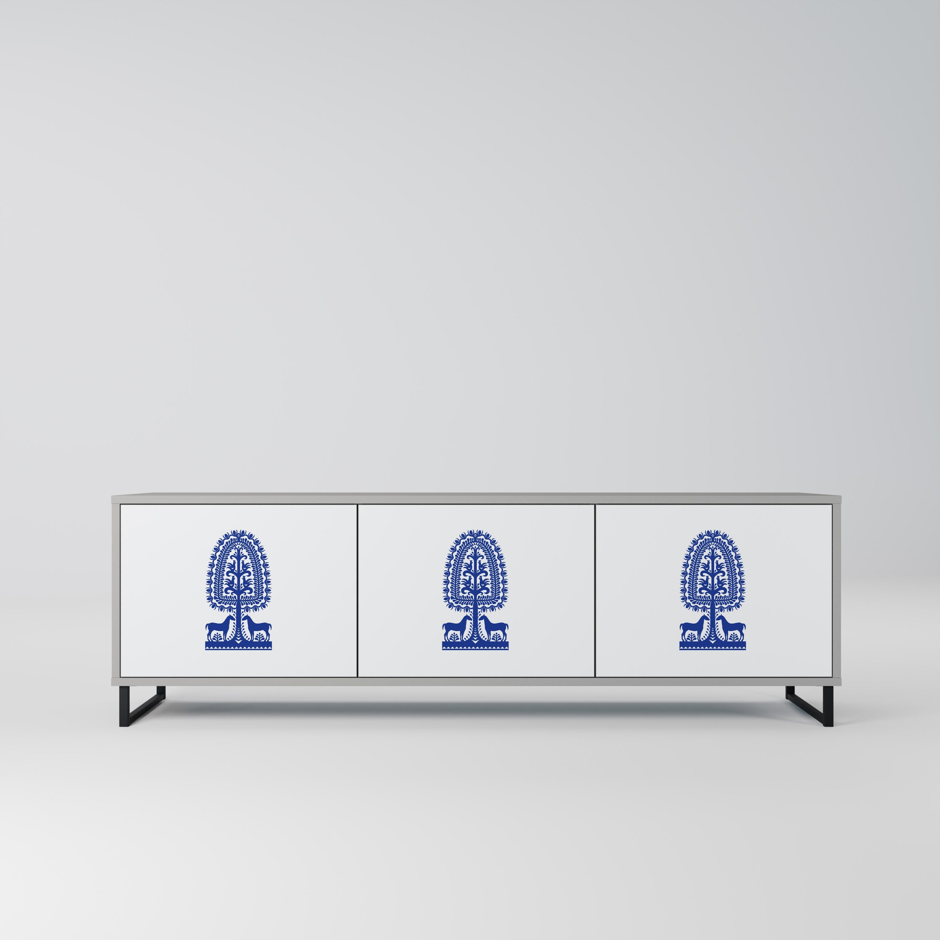 Meuble TV 3 portes POLISH FOLK ART, finition grise