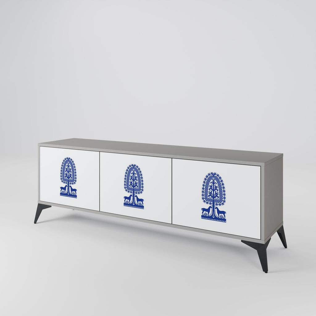 Meuble TV 3 portes POLISH FOLK ART, finition grise