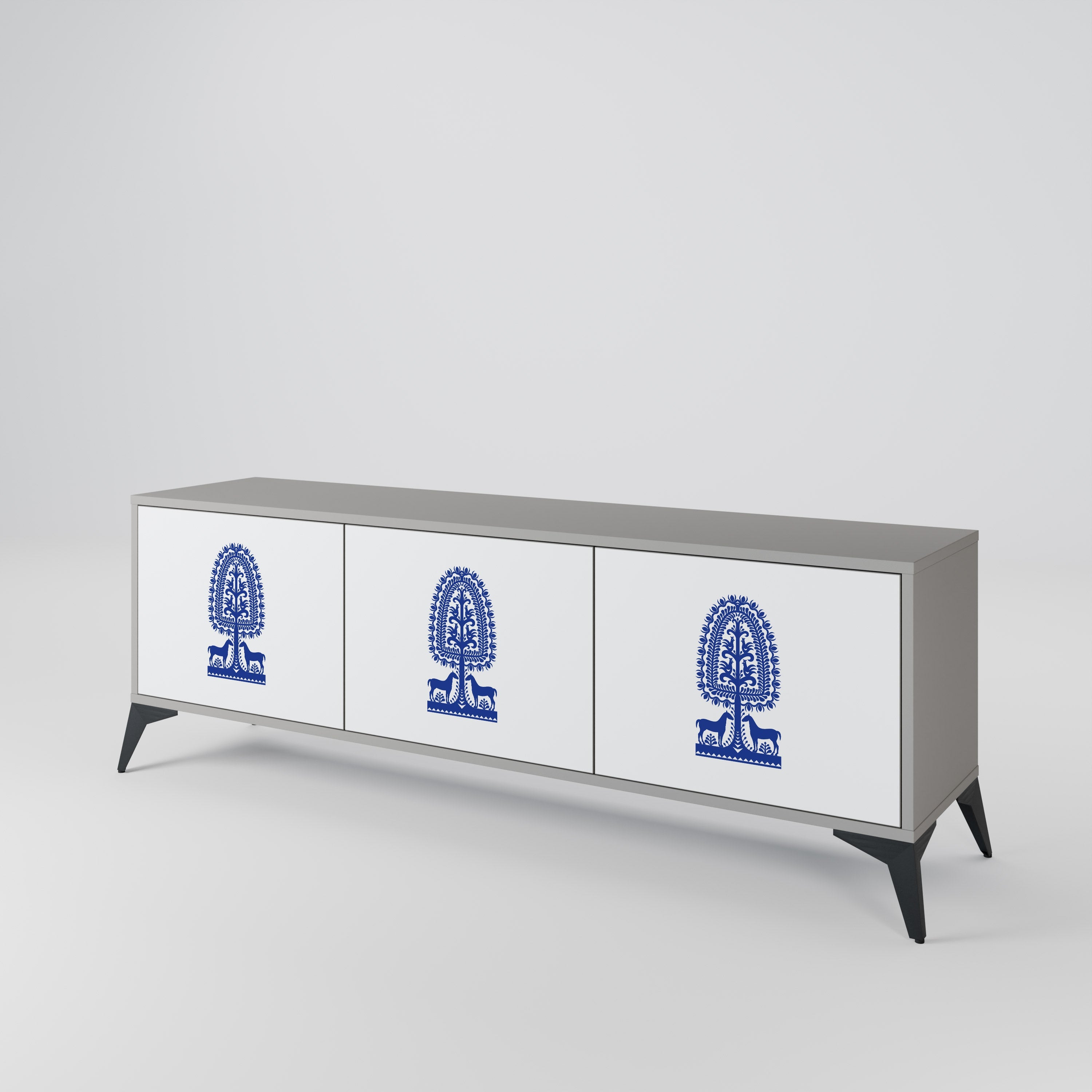 Meuble TV 3 portes POLISH FOLK ART, finition grise