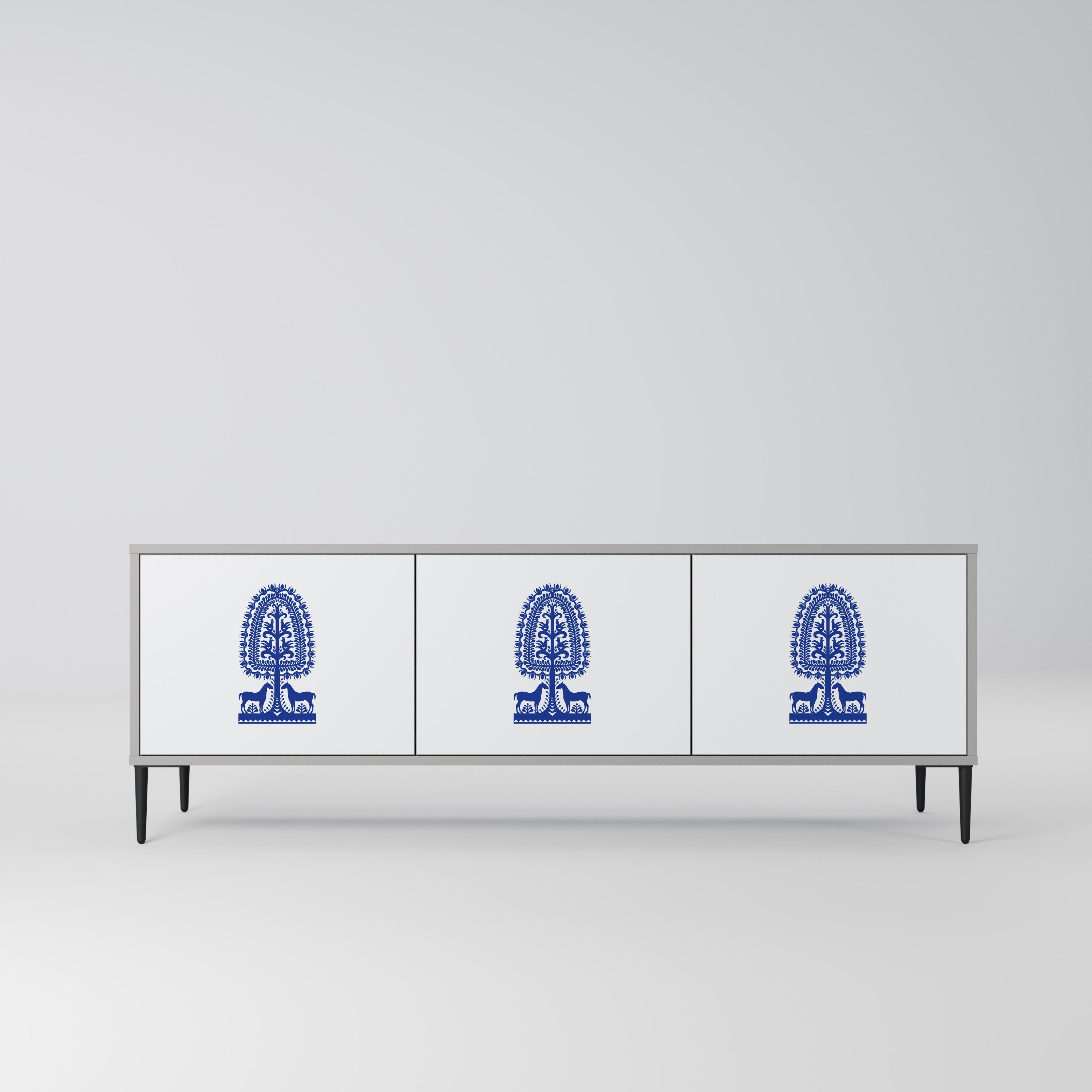 Meuble TV 3 portes POLISH FOLK ART, finition grise