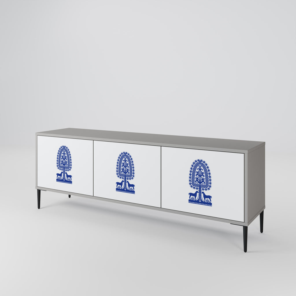 Meuble TV 3 portes POLISH FOLK ART, finition grise