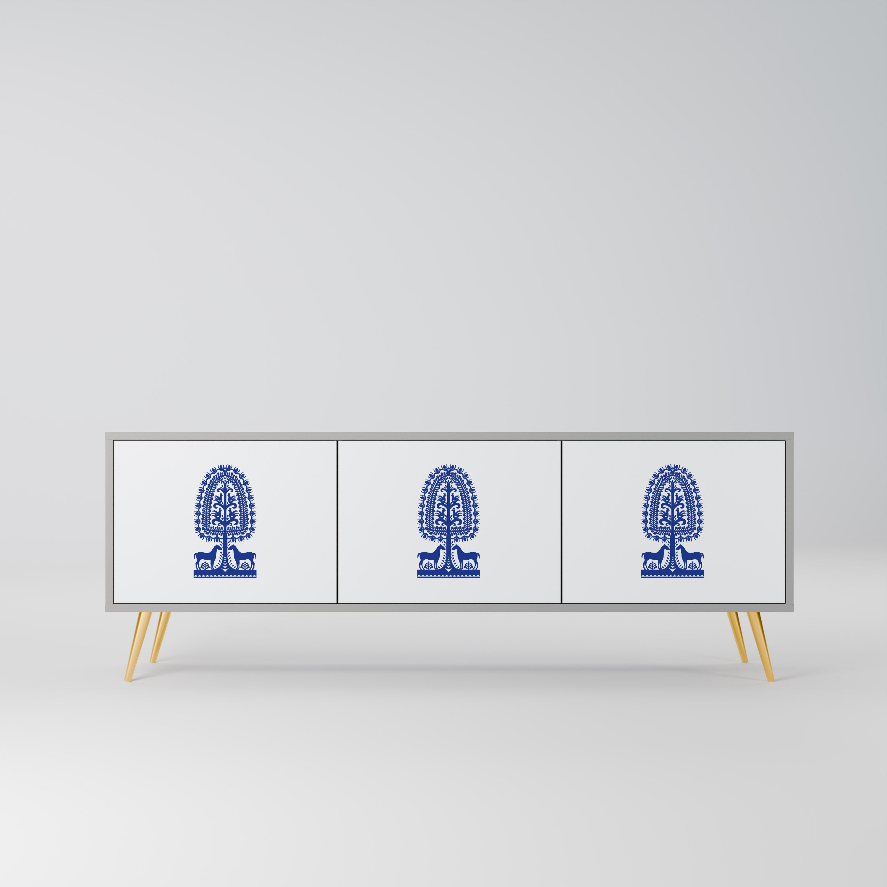 Meuble TV 3 portes POLISH FOLK ART, finition grise