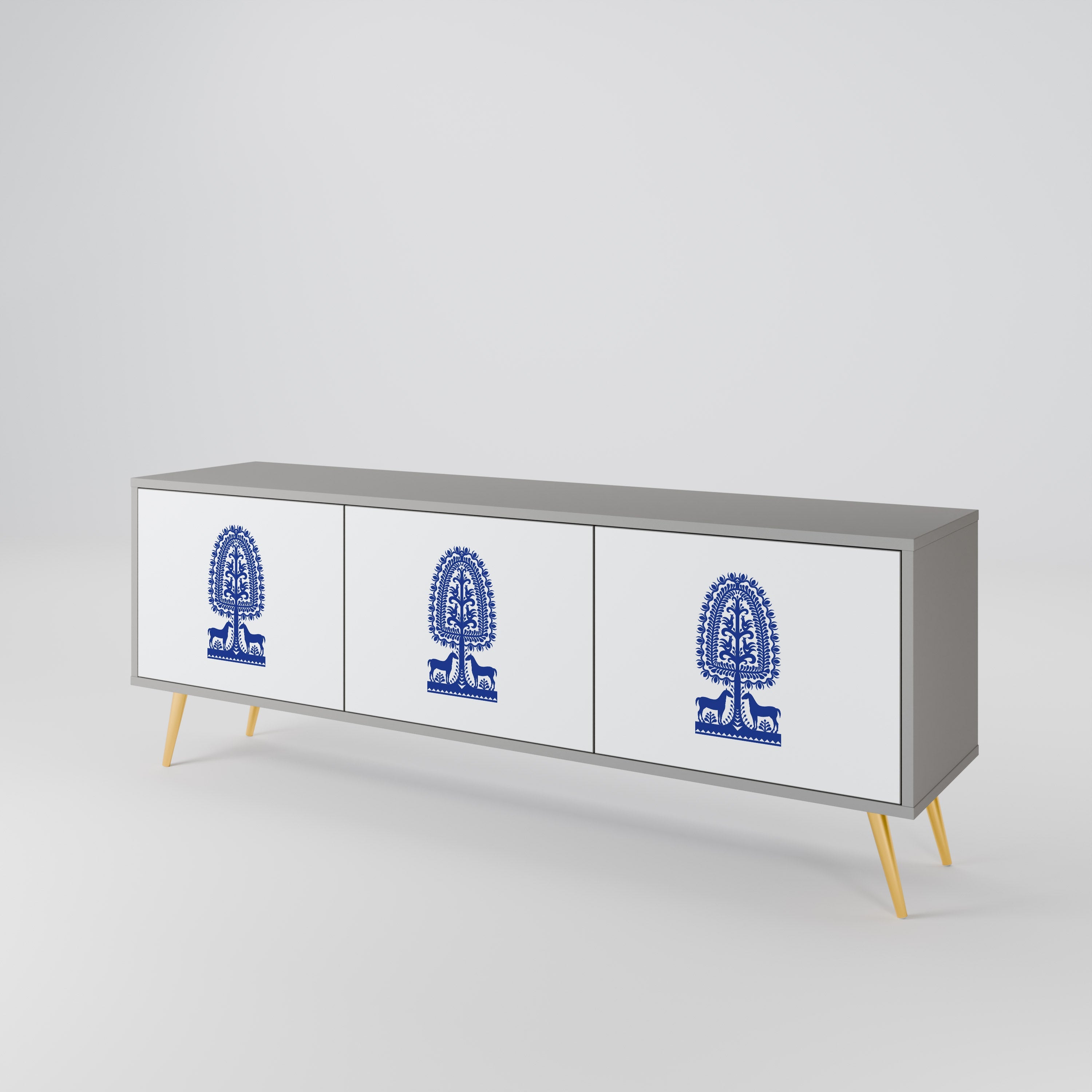 Meuble TV 3 portes POLISH FOLK ART, finition grise