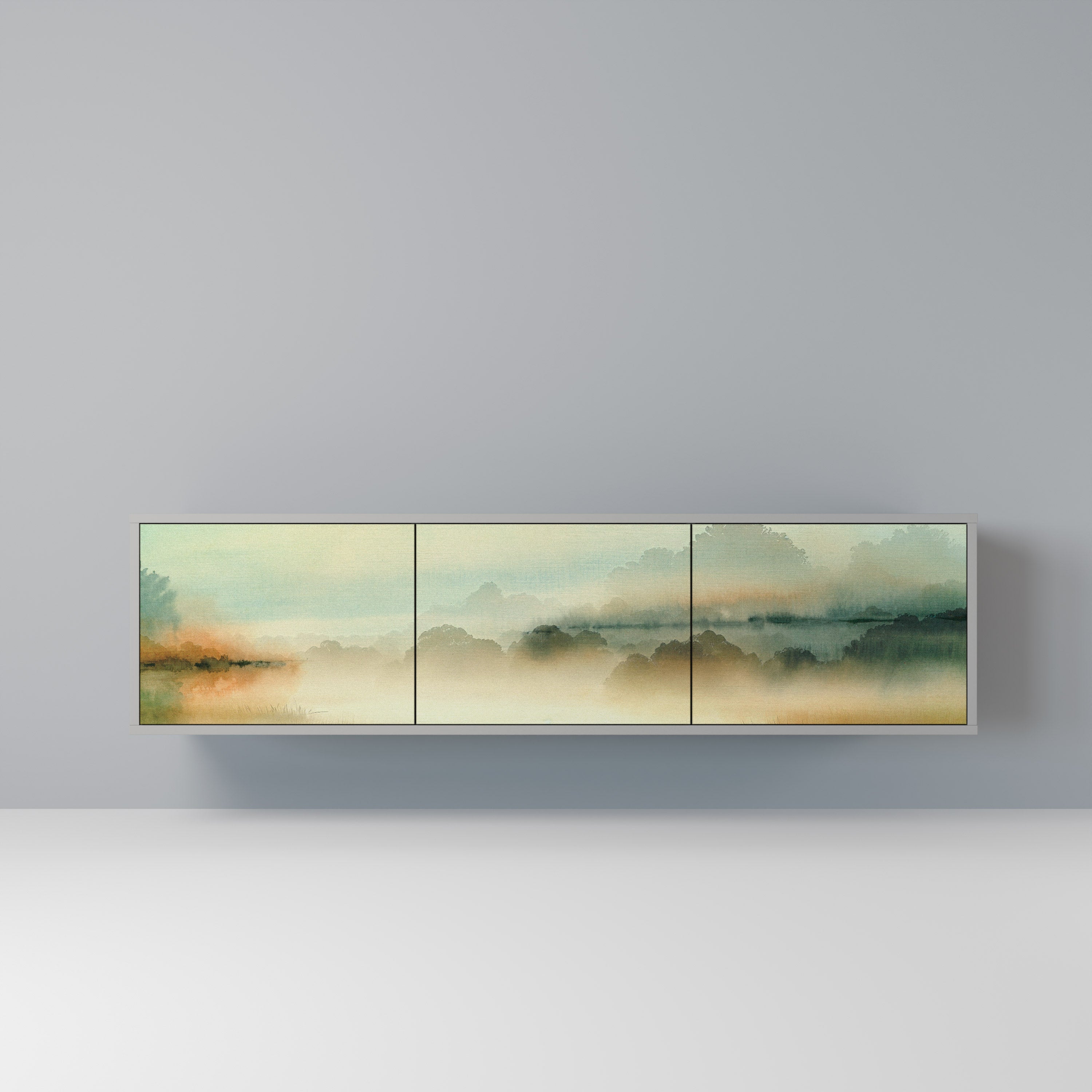 Meuble TV 3 portes MORNING BY THE LAKE, finition grise