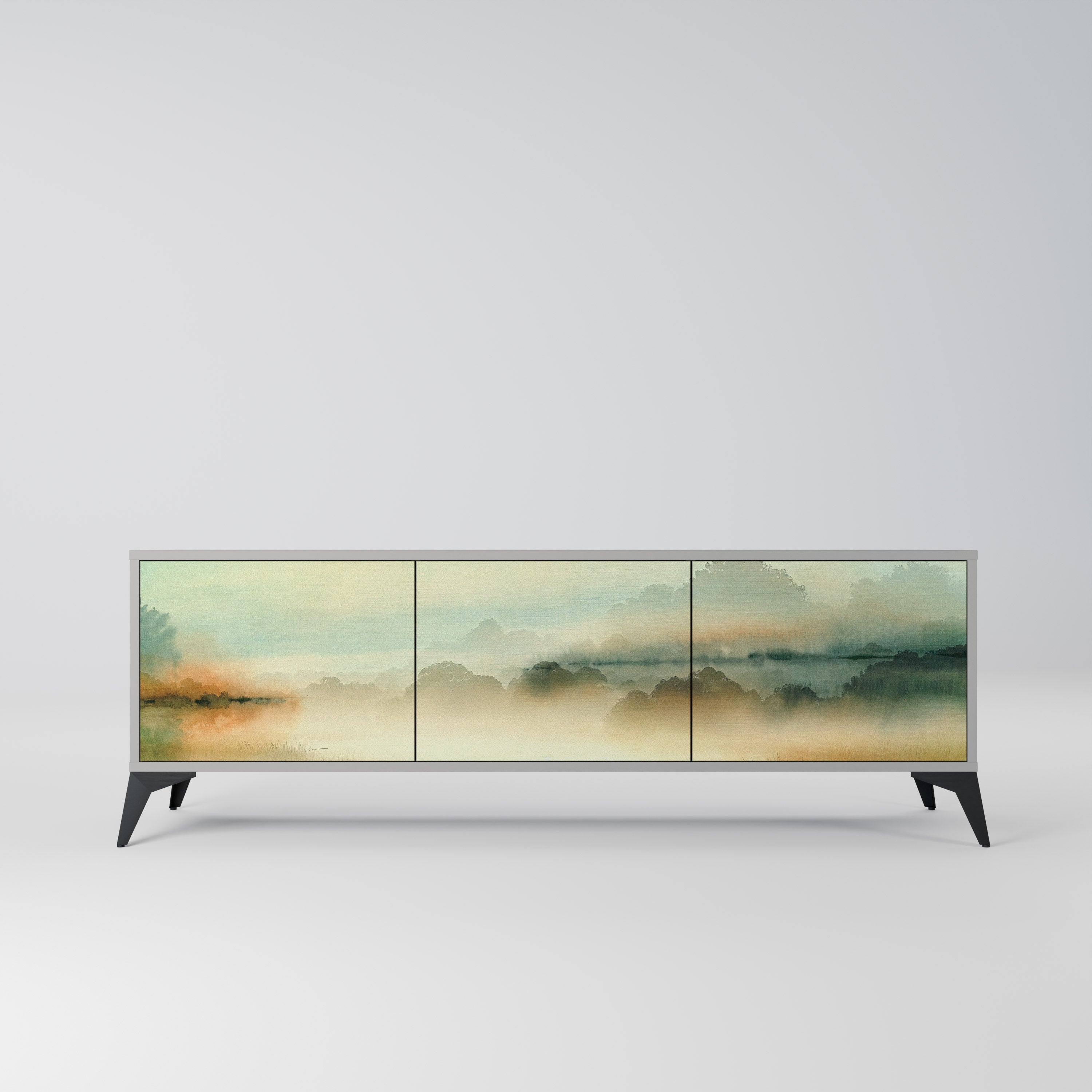 Meuble TV 3 portes MORNING BY THE LAKE, finition grise