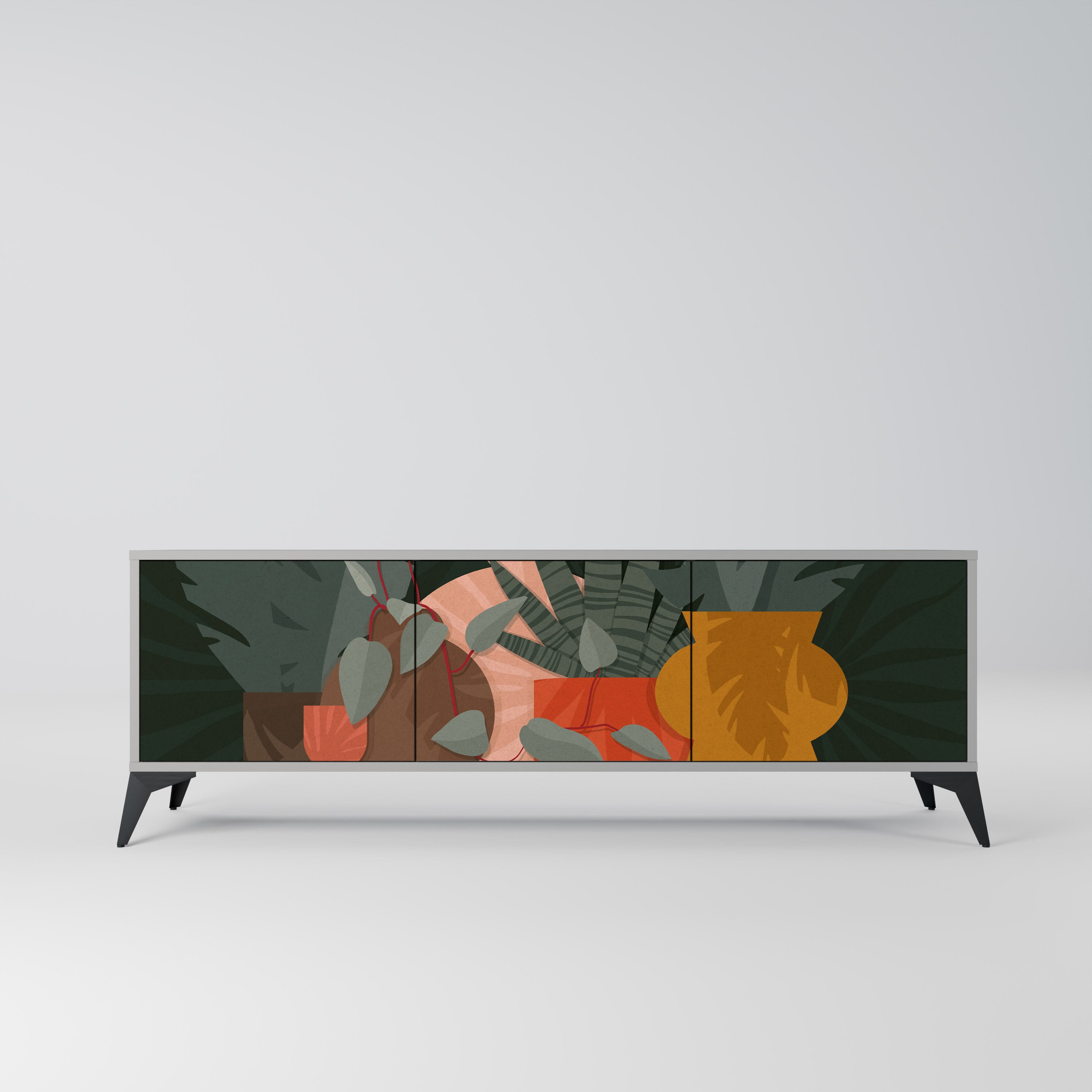 Meuble TV 3 portes TROPICAL COMPOSITION, finition grise