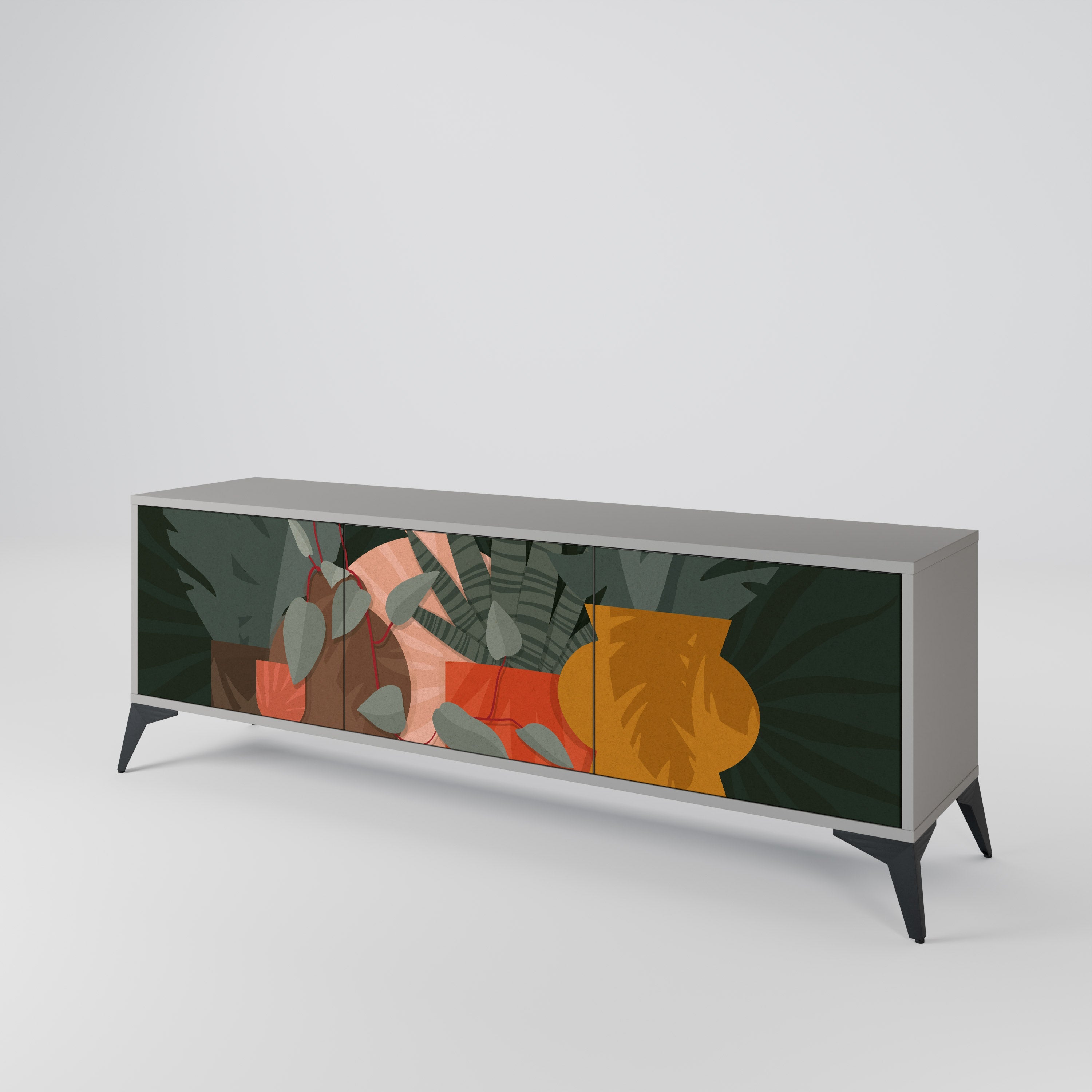 Meuble TV 3 portes TROPICAL COMPOSITION, finition grise