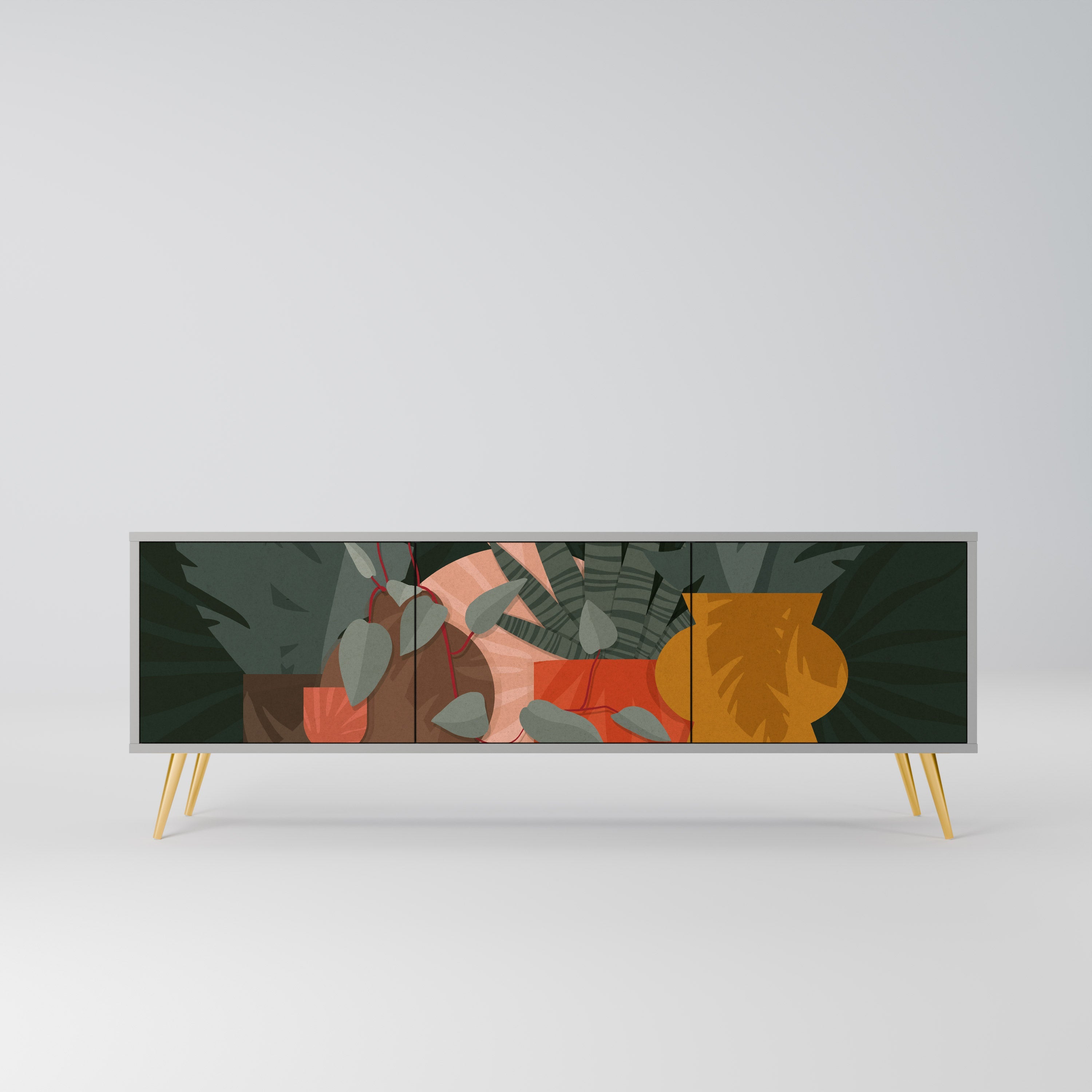 Meuble TV 3 portes TROPICAL COMPOSITION, finition grise