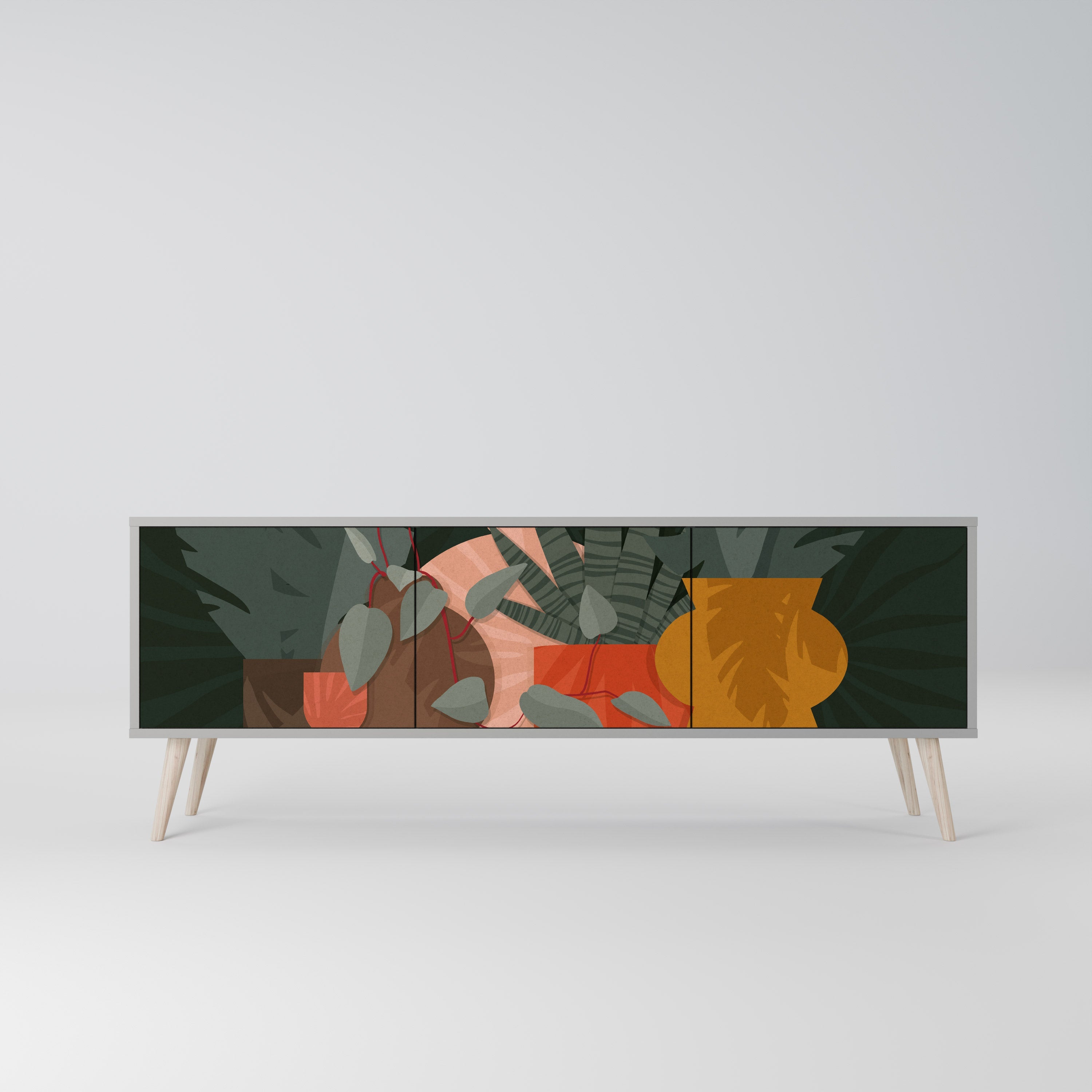 Meuble TV 3 portes TROPICAL COMPOSITION, finition grise