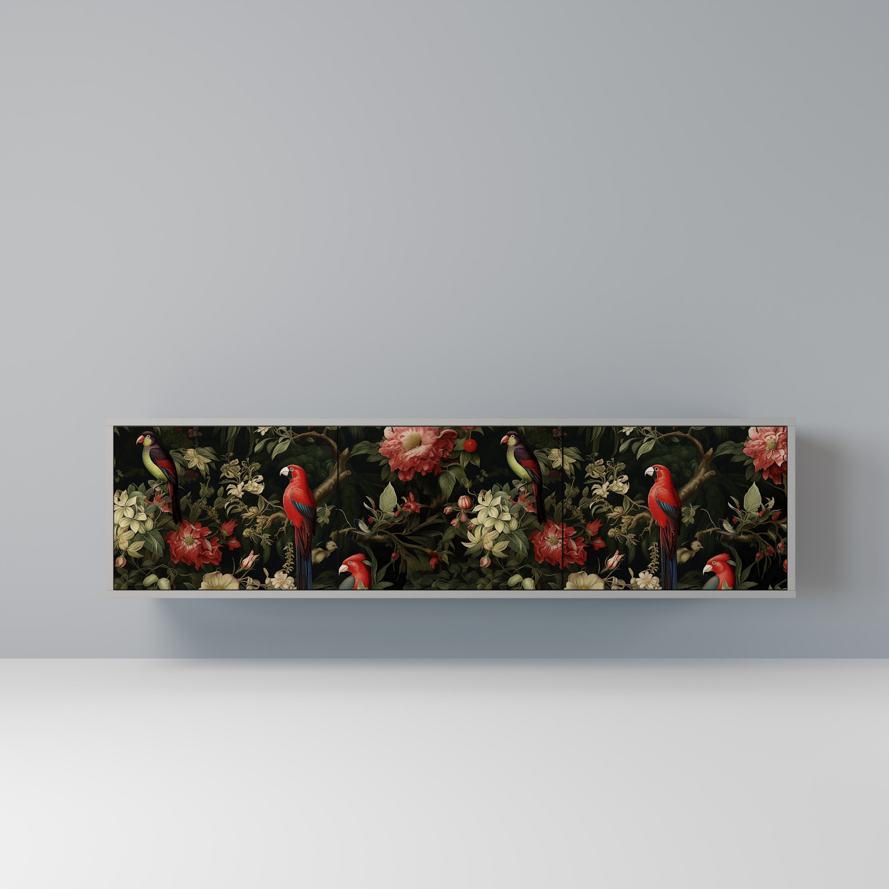 Meuble TV 3 portes AVIAN GREENERY, finition grise