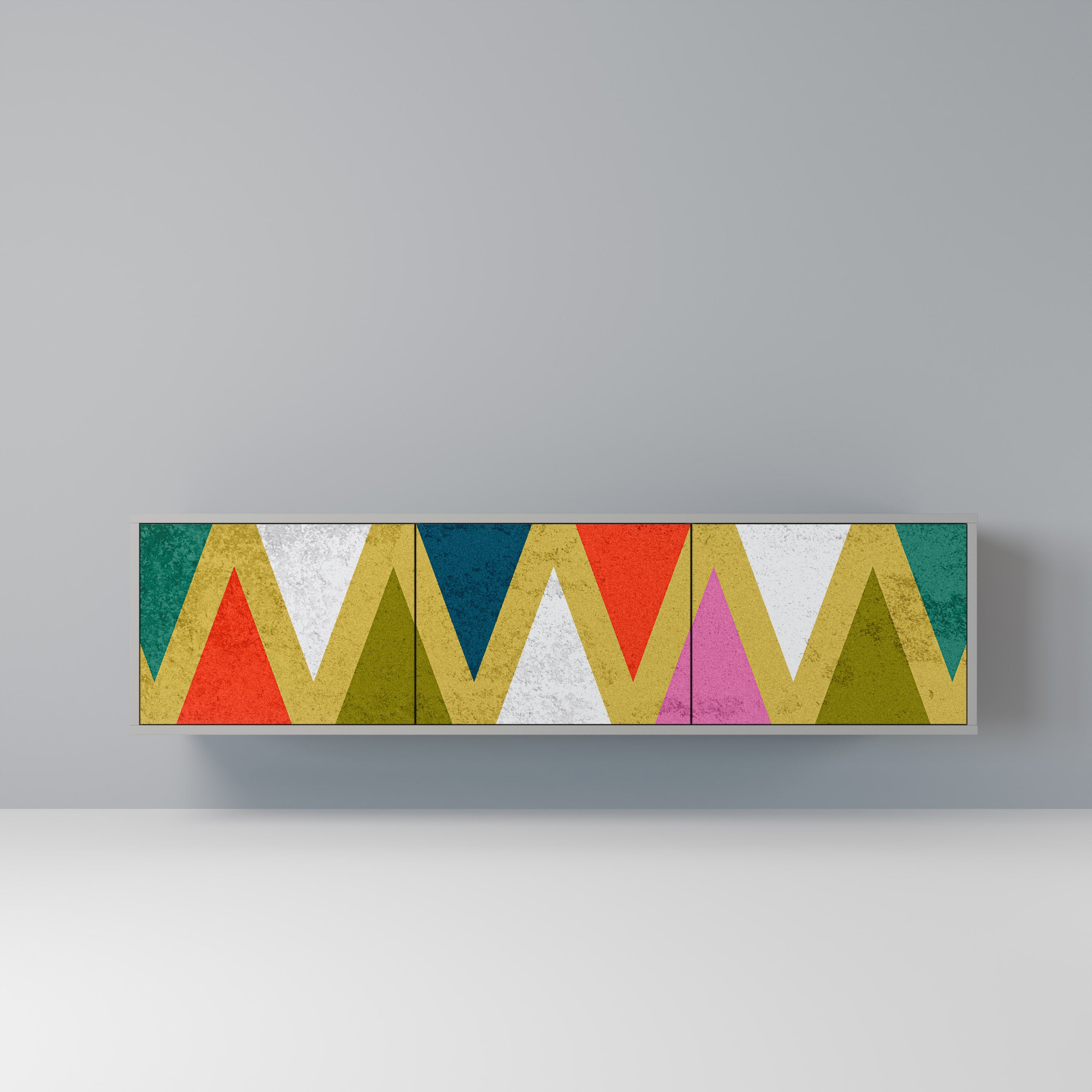 Meuble TV 3 portes TRIANGLES COLORÉS, finition grise