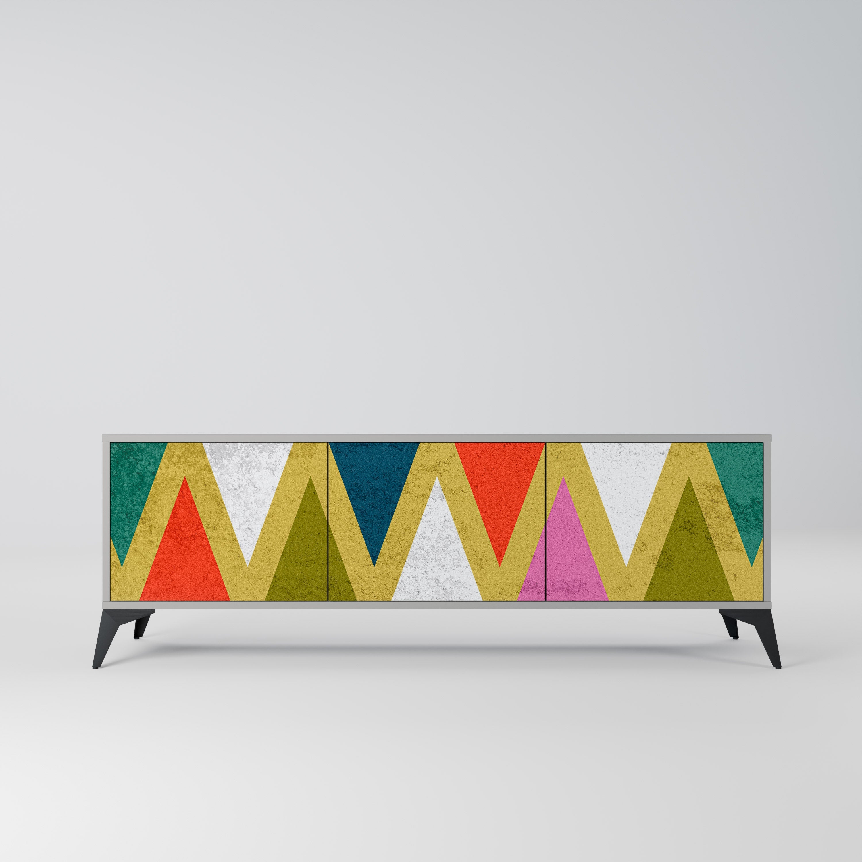 Meuble TV 3 portes TRIANGLES COLORÉS, finition grise