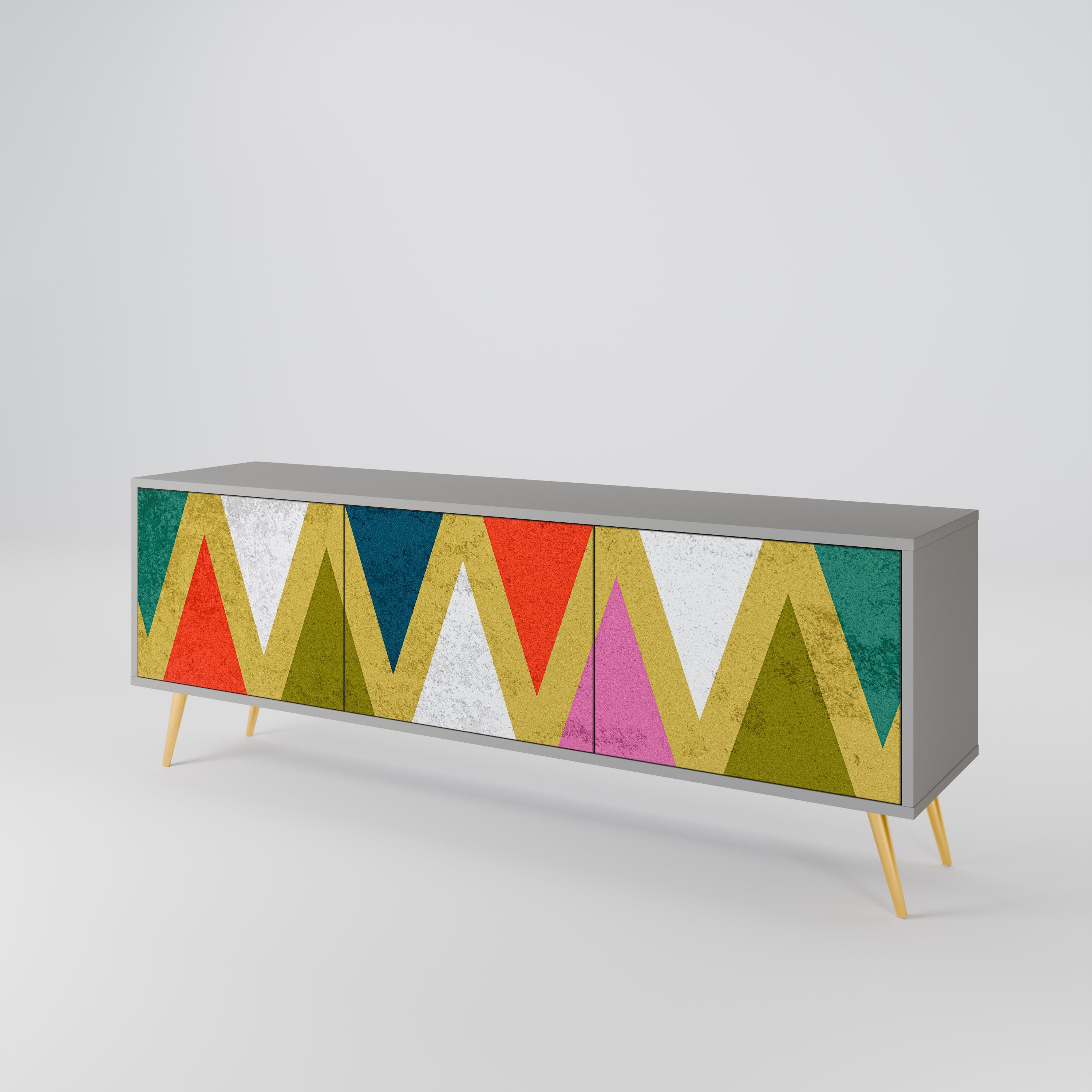 Meuble TV 3 portes TRIANGLES COLORÉS, finition grise