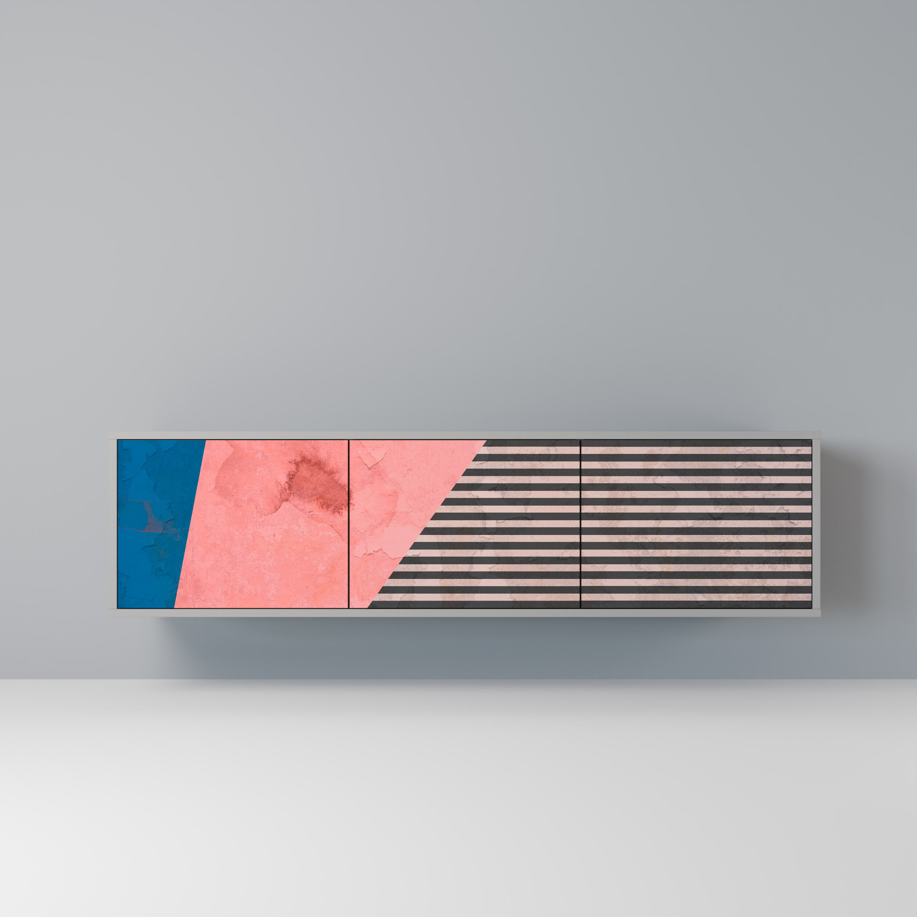 Meuble TV 3 portes GLAMOROUS STRIPE, finition grise