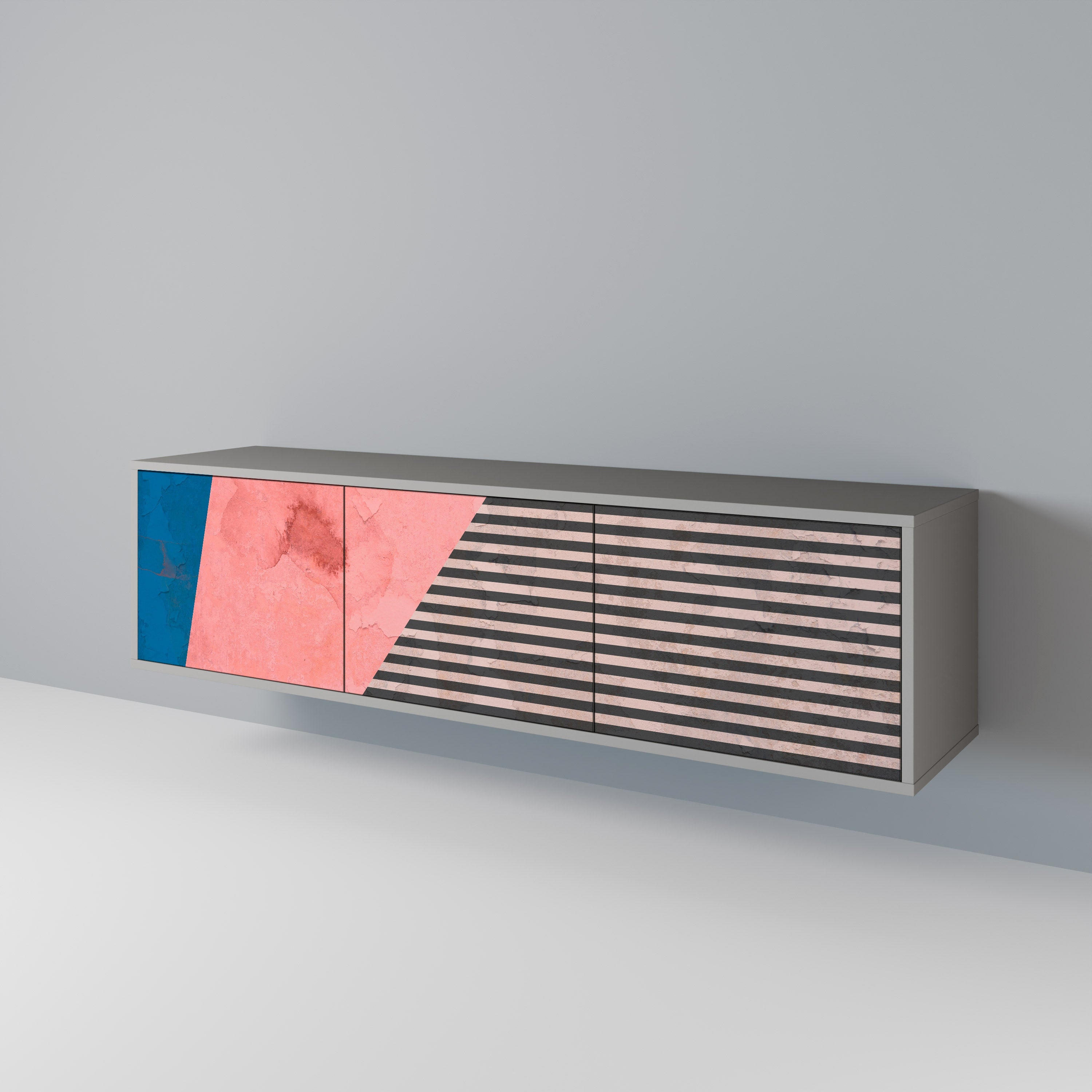 Meuble TV 3 portes GLAMOROUS STRIPE, finition grise