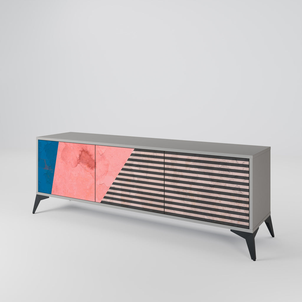 Meuble TV 3 portes GLAMOROUS STRIPE, finition grise