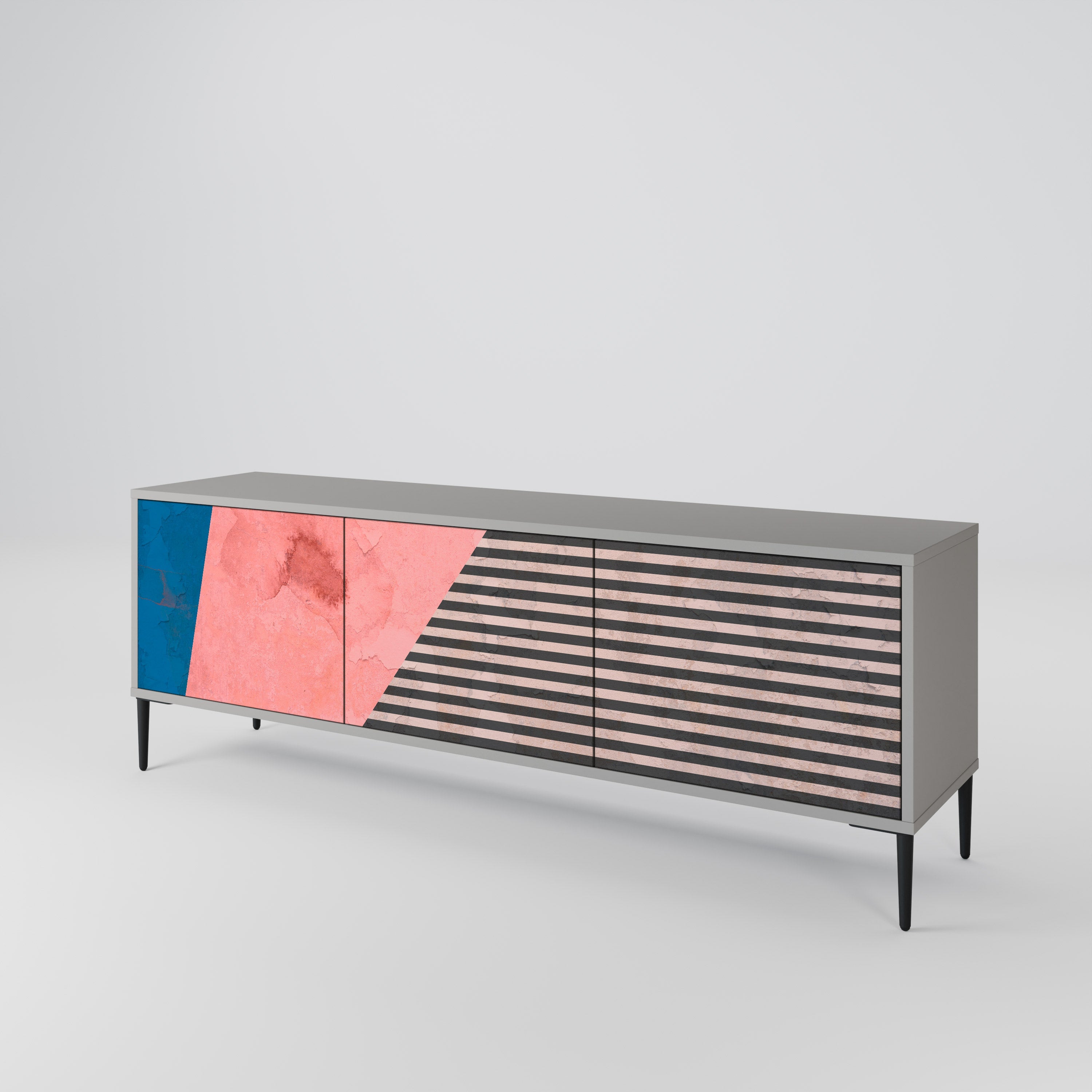 Meuble TV 3 portes GLAMOROUS STRIPE, finition grise