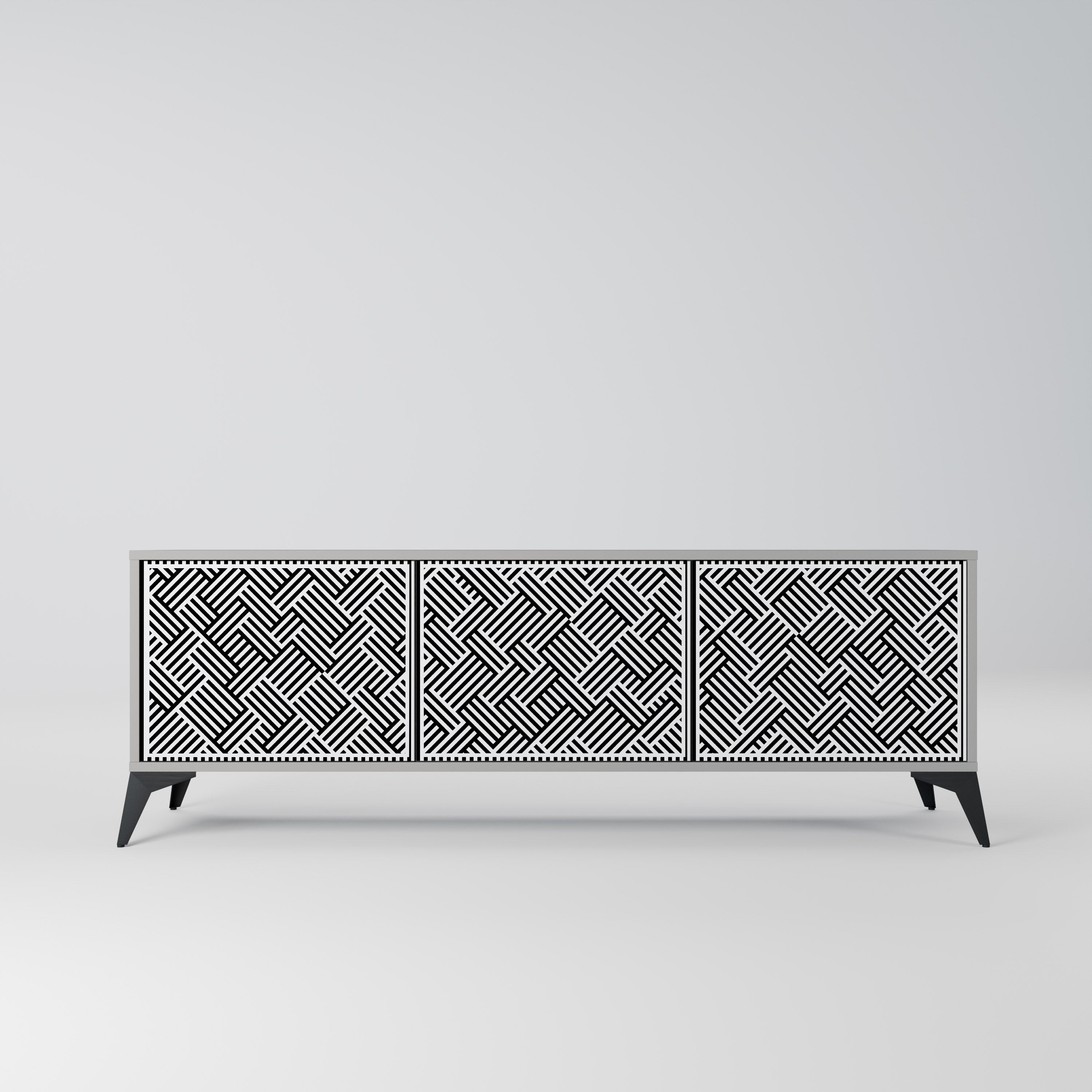 Meuble TV 3 portes TEMPORARY SEQUENCE, finition grise