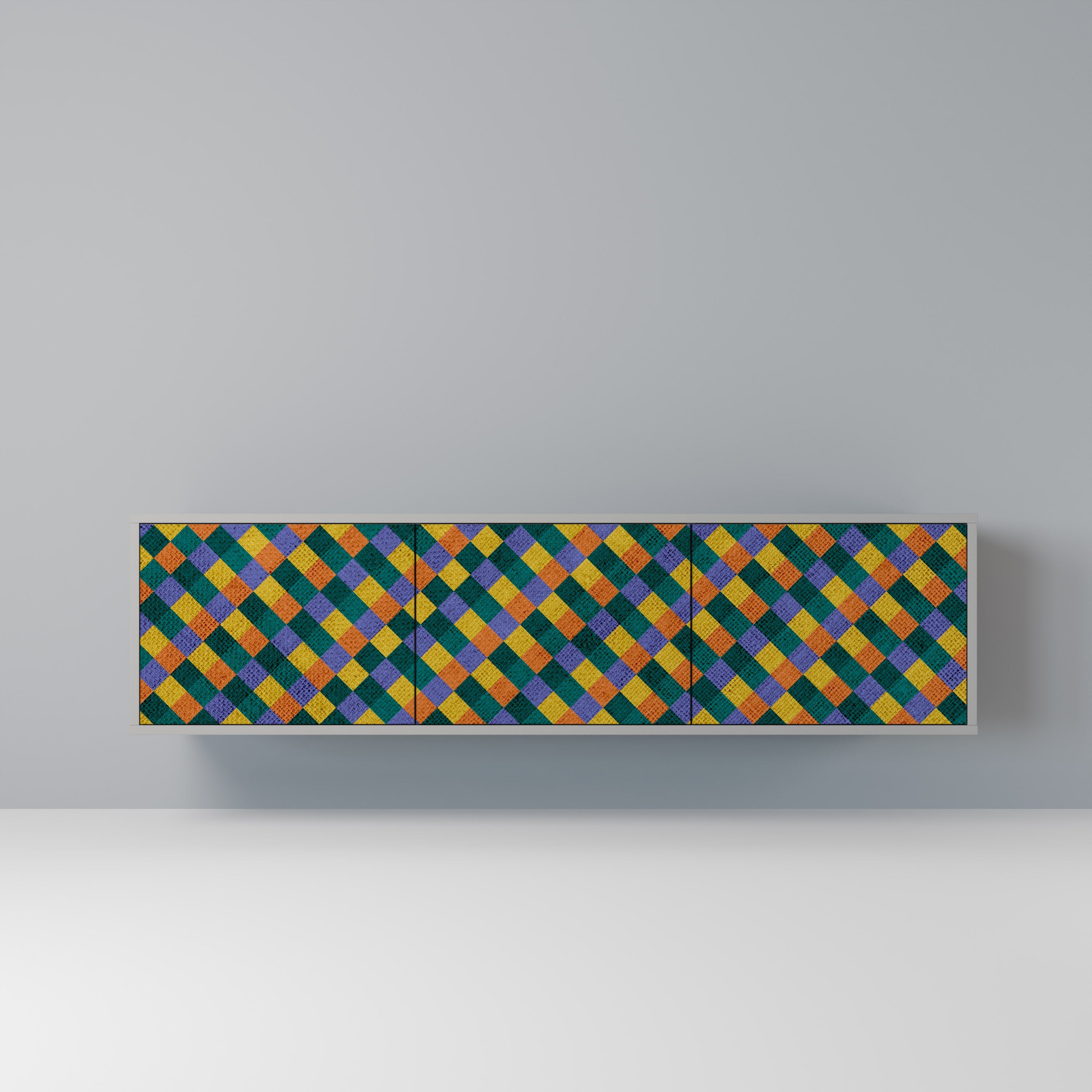 Meuble TV 3 portes PAINTED SQUARES MIX en finition grise