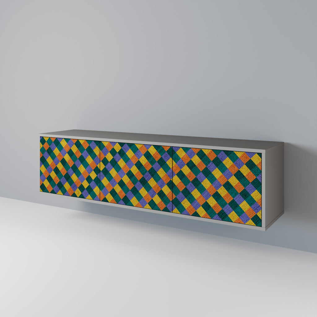 Meuble TV 3 portes PAINTED SQUARES MIX en finition grise