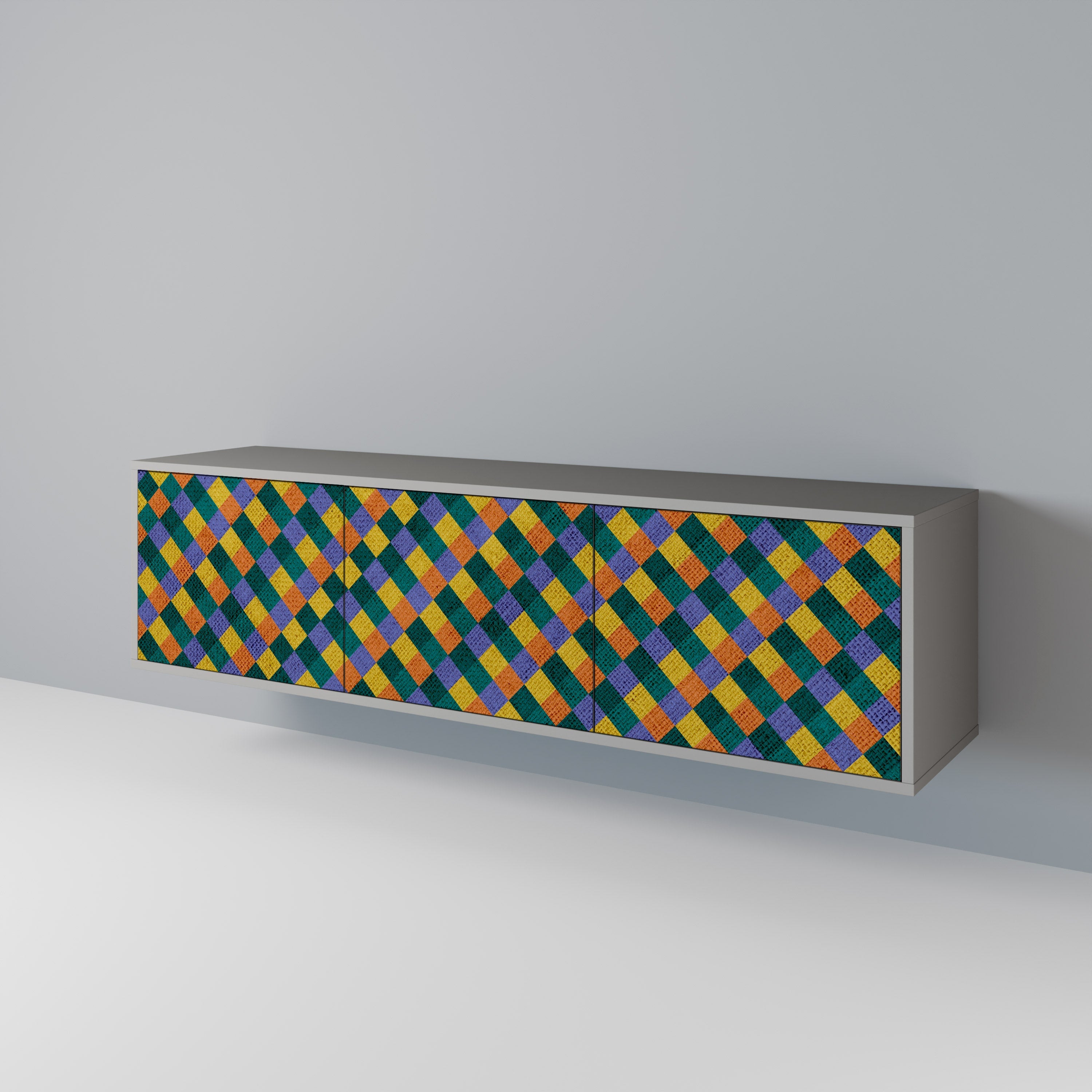 Meuble TV 3 portes PAINTED SQUARES MIX en finition grise