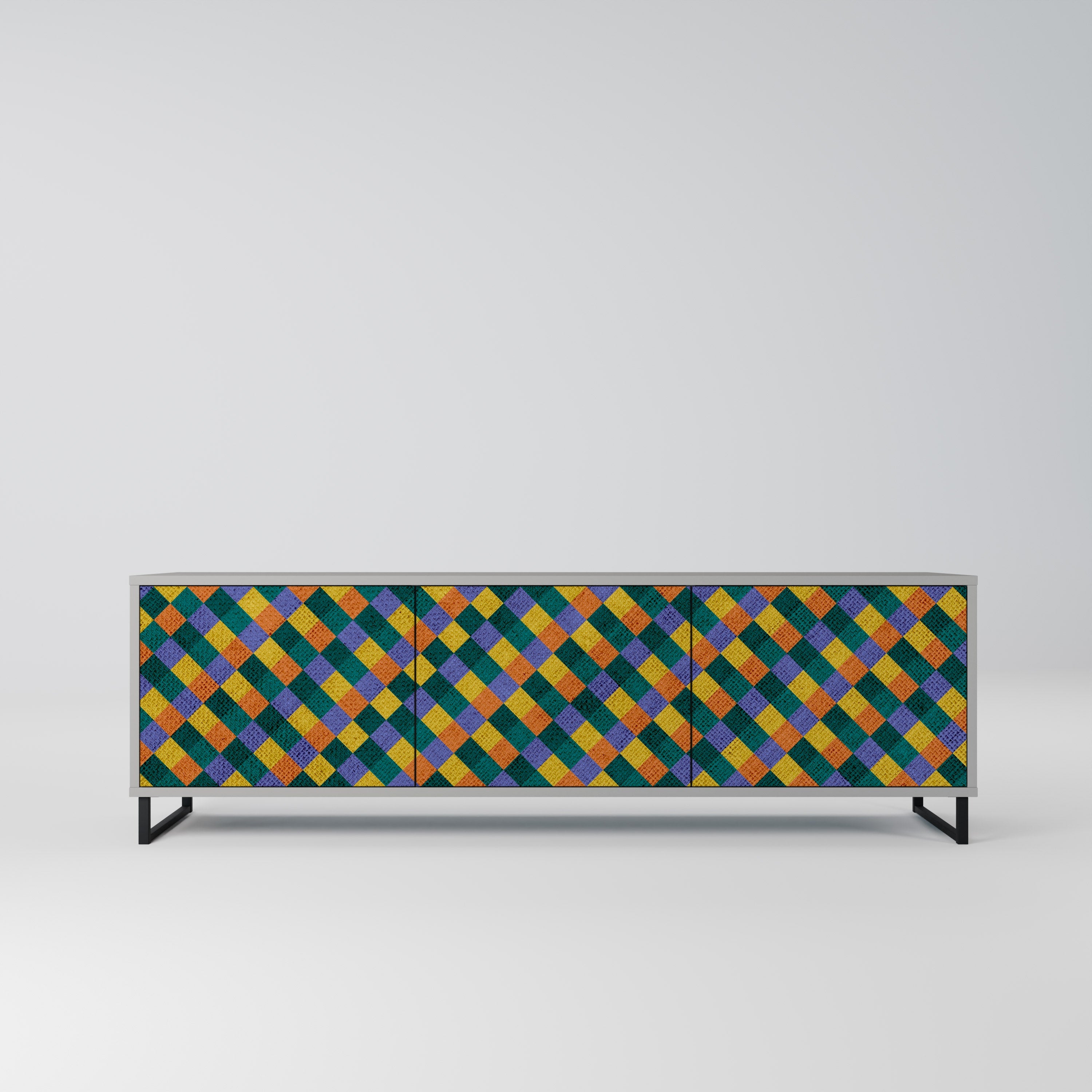 Meuble TV 3 portes PAINTED SQUARES MIX en finition grise