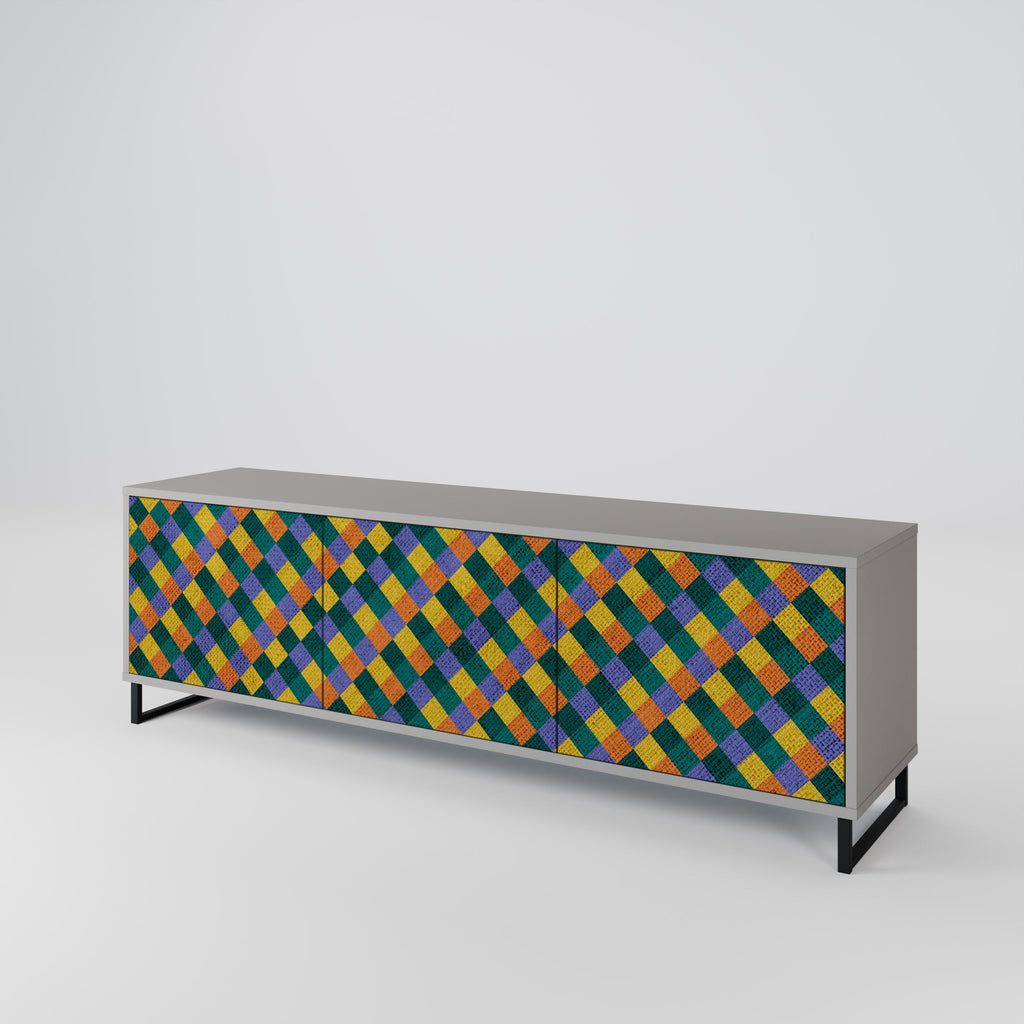 Meuble TV 3 portes PAINTED SQUARES MIX en finition grise