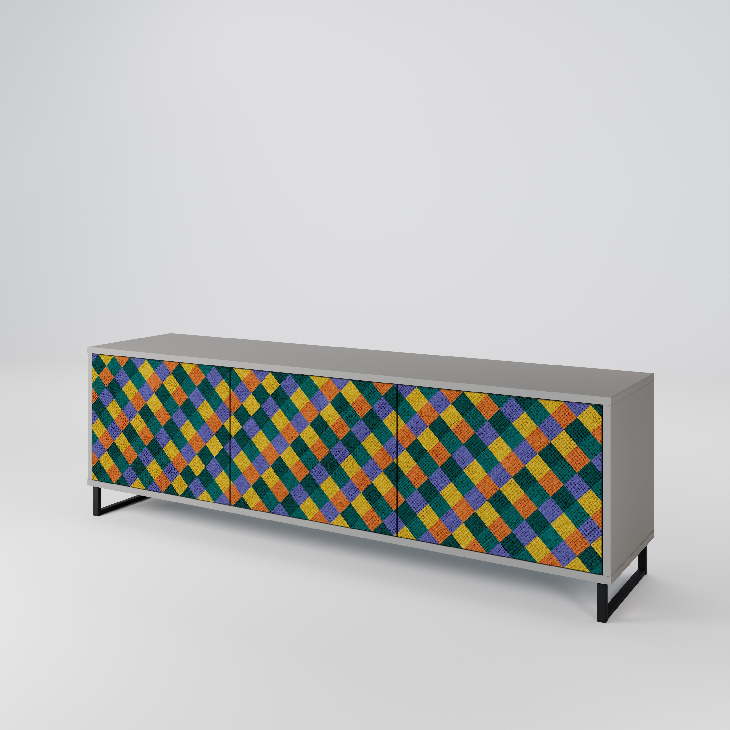 Meuble TV 3 portes PAINTED SQUARES MIX en finition grise