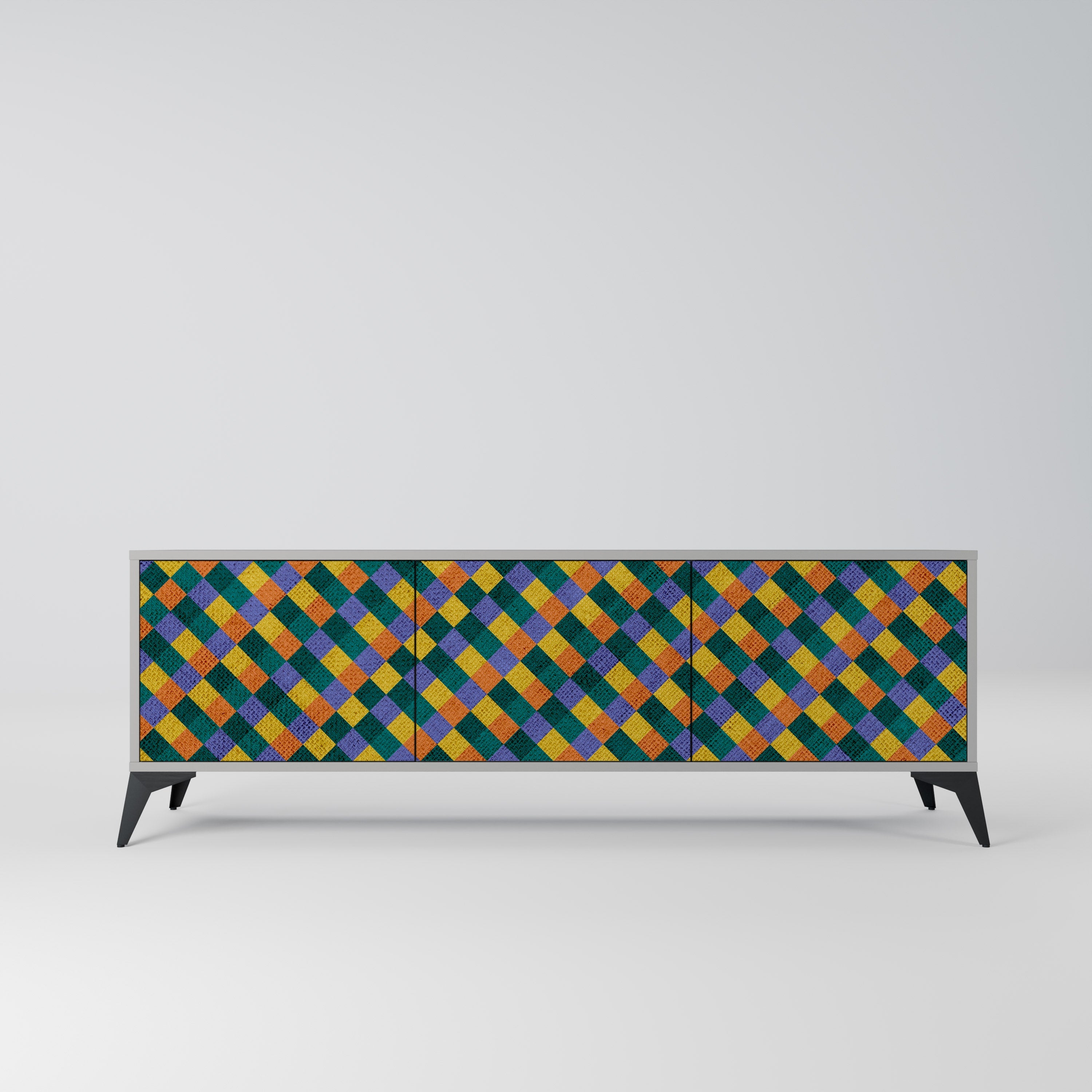 Meuble TV 3 portes PAINTED SQUARES MIX en finition grise