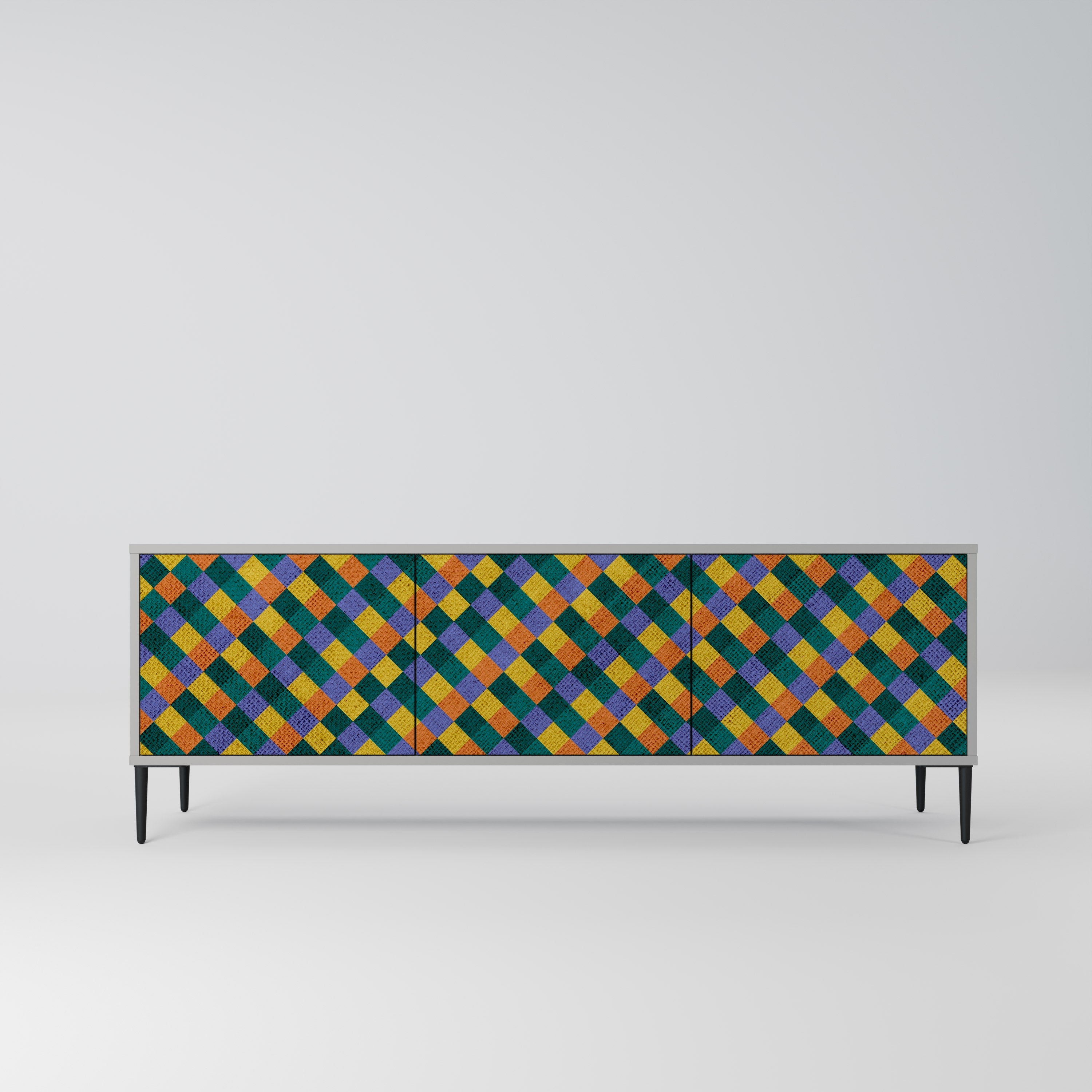 Meuble TV 3 portes PAINTED SQUARES MIX en finition grise