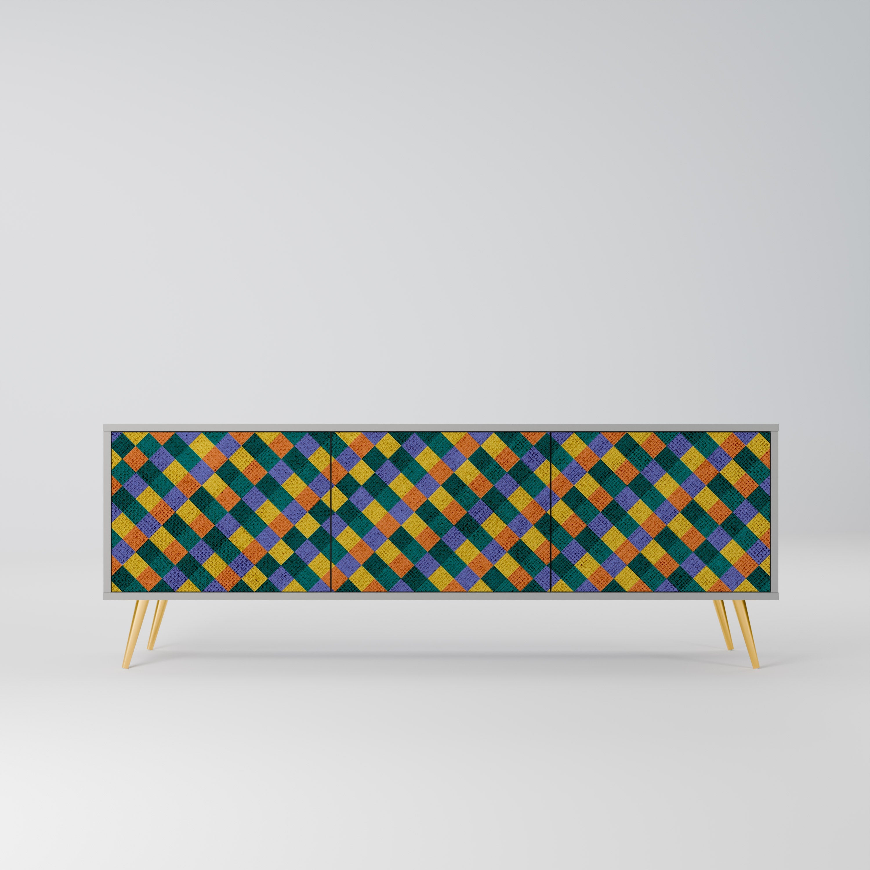 Meuble TV 3 portes PAINTED SQUARES MIX en finition grise