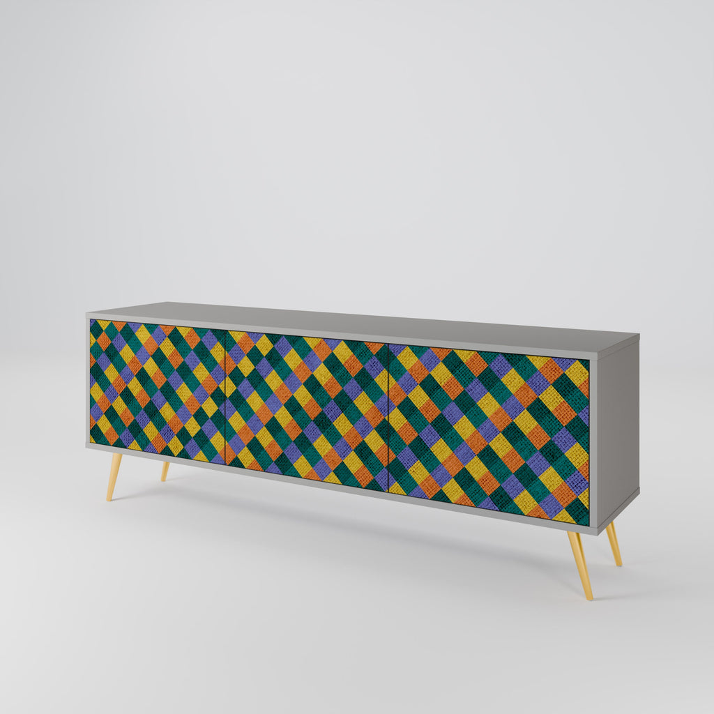 Meuble TV 3 portes PAINTED SQUARES MIX en finition grise