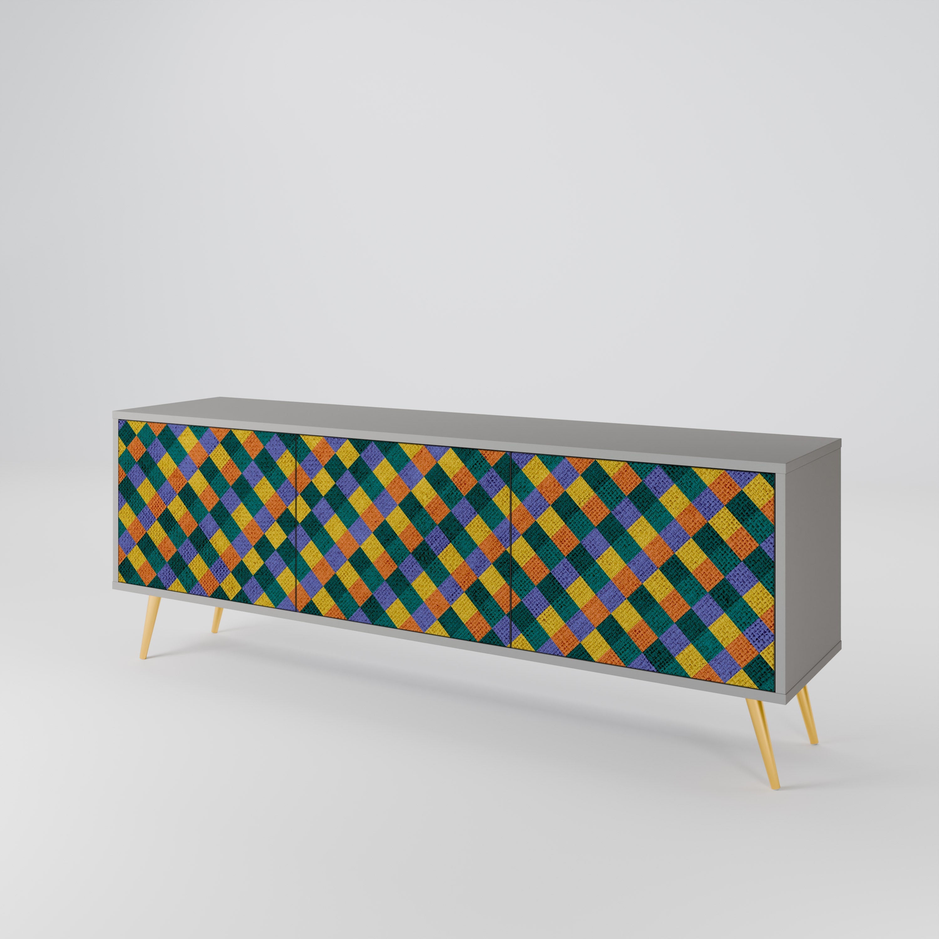 Meuble TV 3 portes PAINTED SQUARES MIX en finition grise