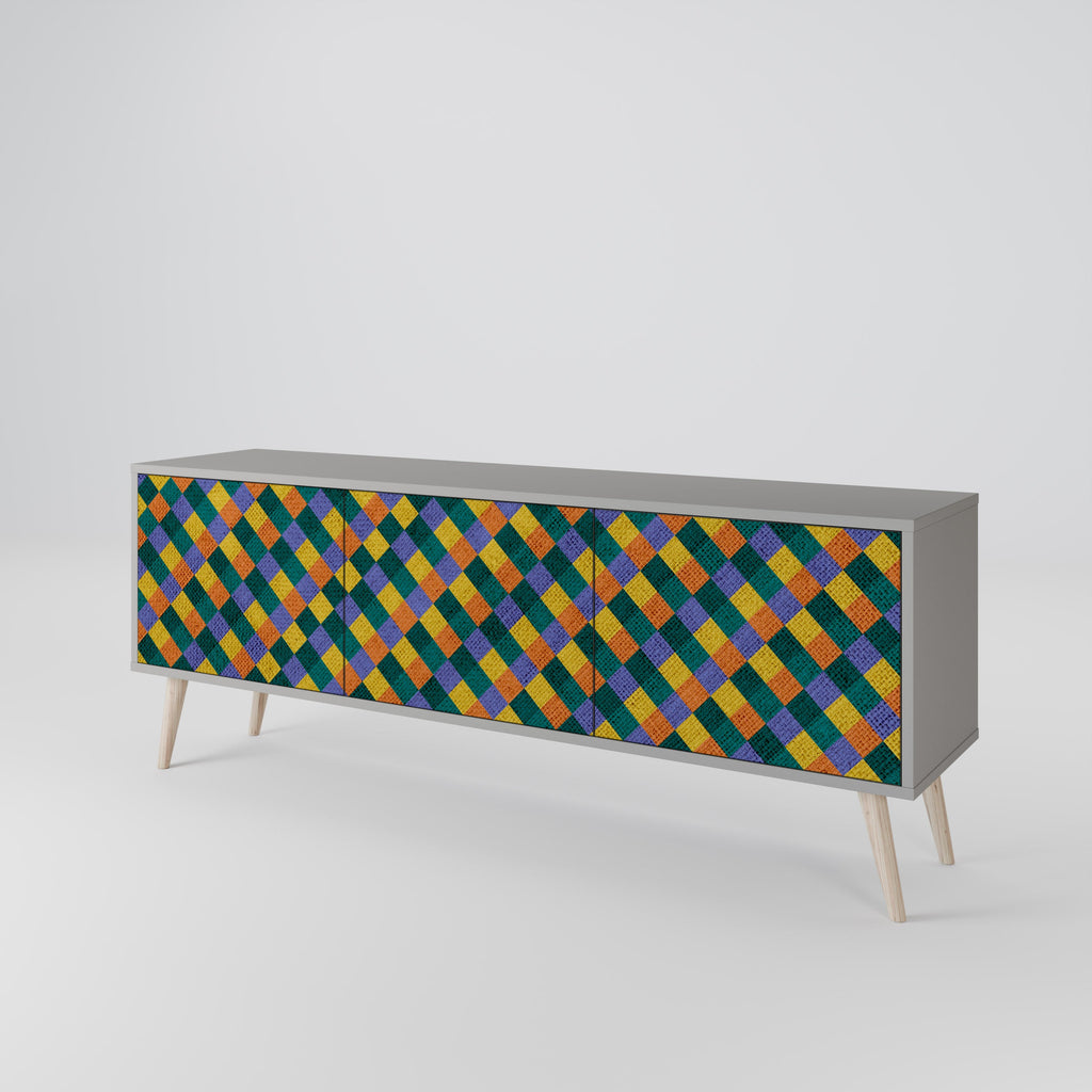 Meuble TV 3 portes PAINTED SQUARES MIX en finition grise