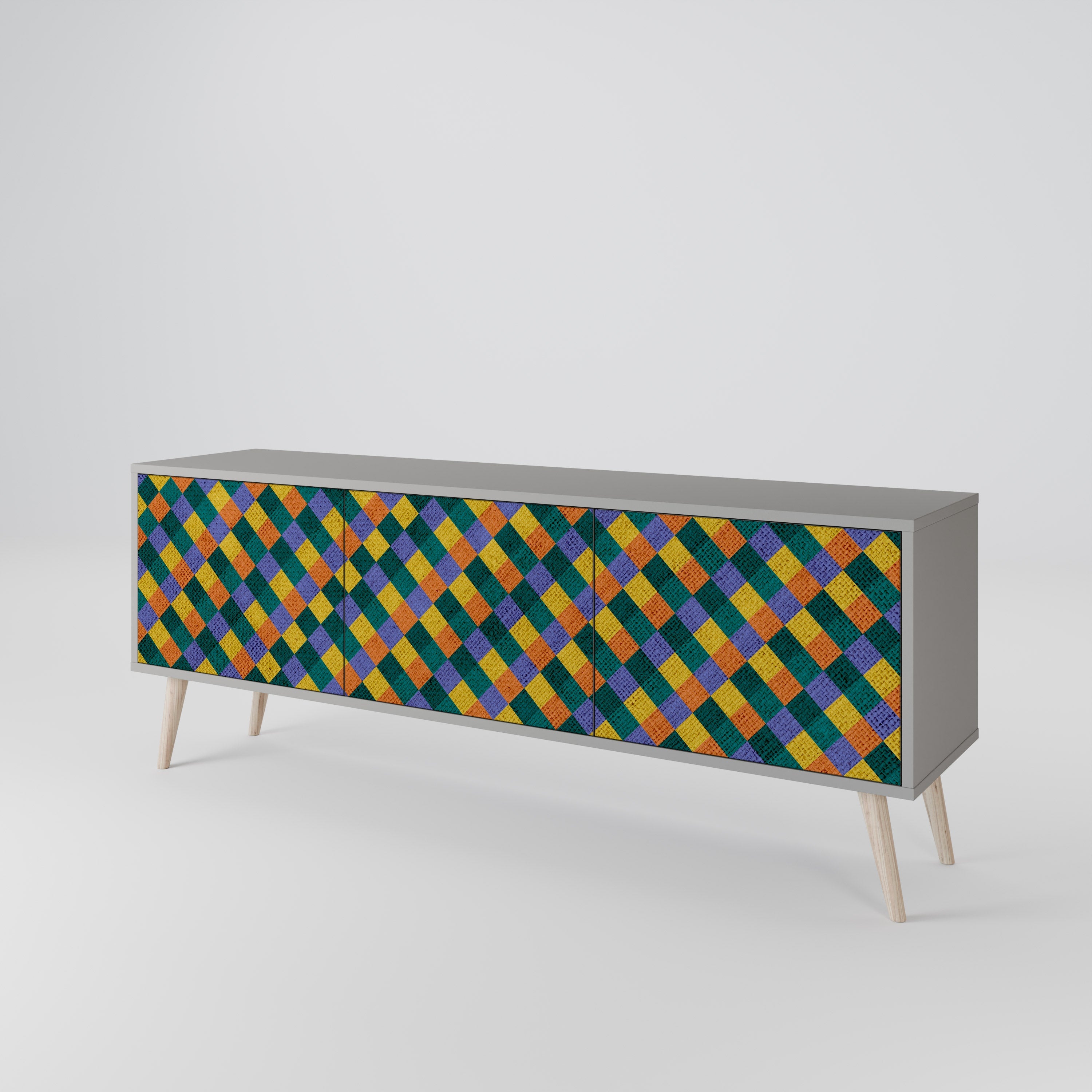 Meuble TV 3 portes PAINTED SQUARES MIX en finition grise