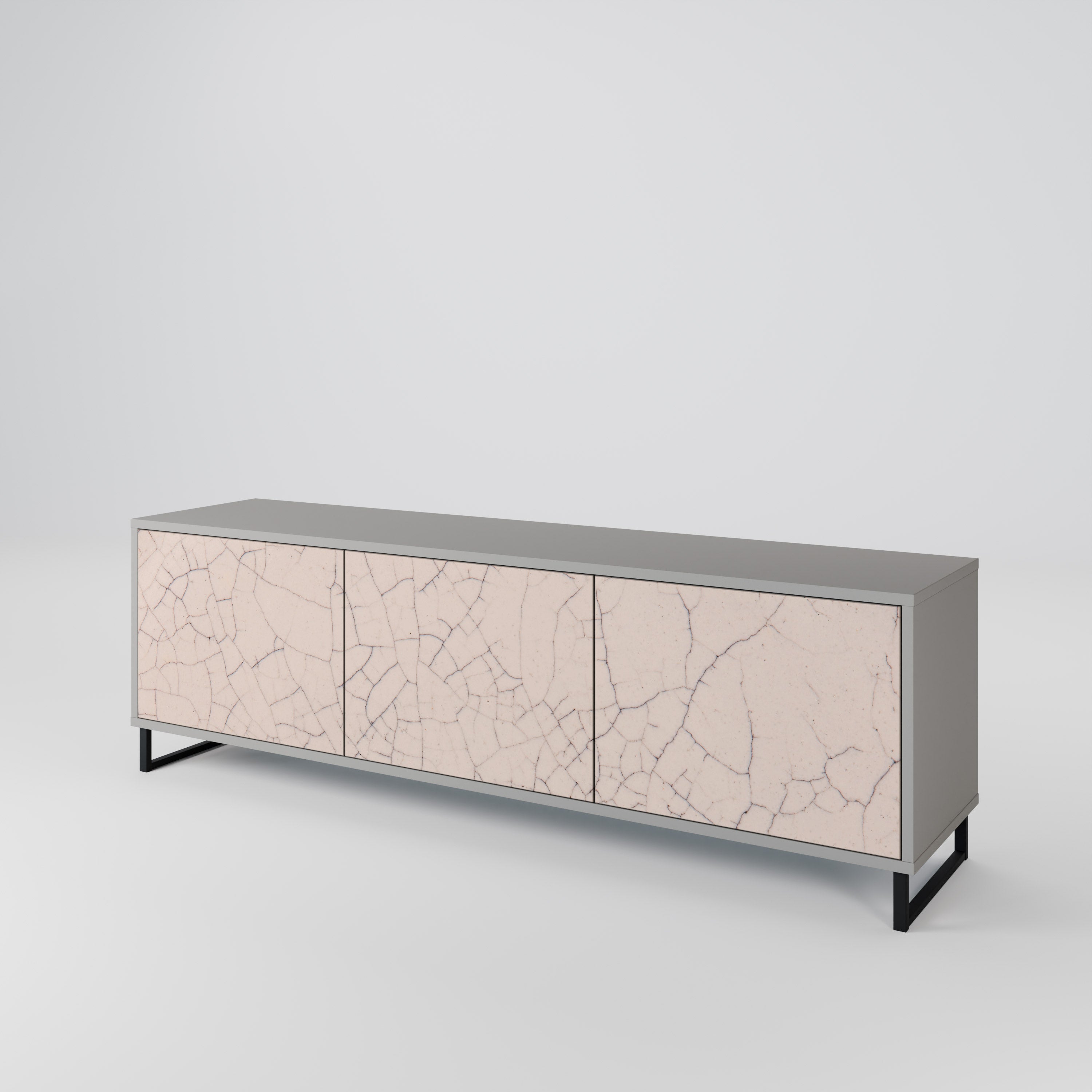 Meuble TV 3 portes en céramique texturée, finition grise