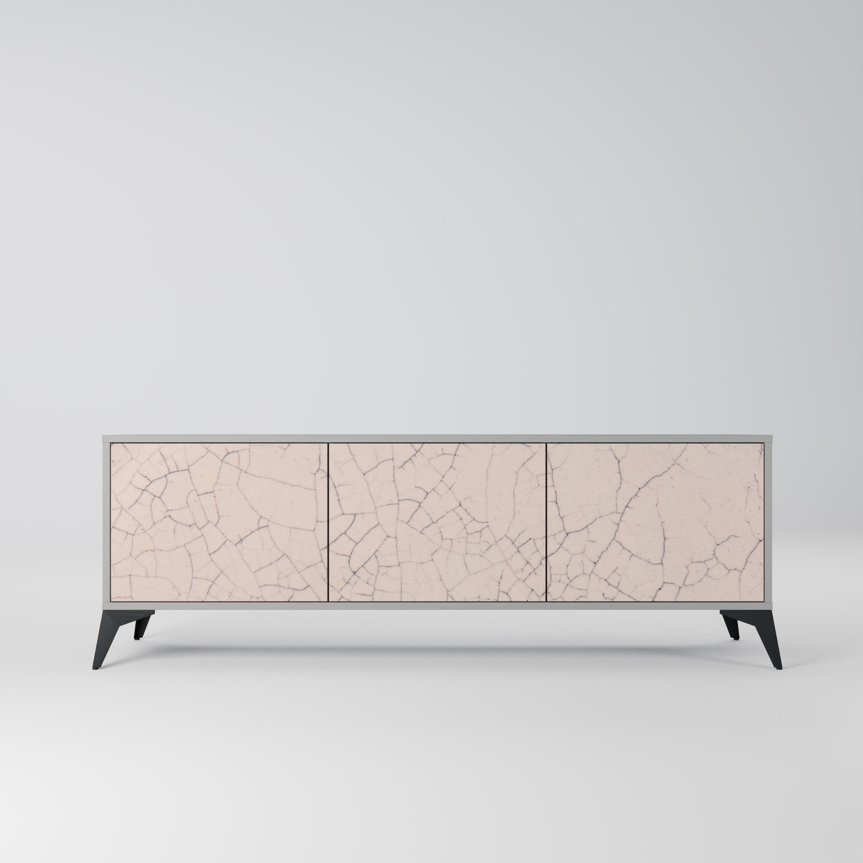 Meuble TV 3 portes en céramique texturée, finition grise