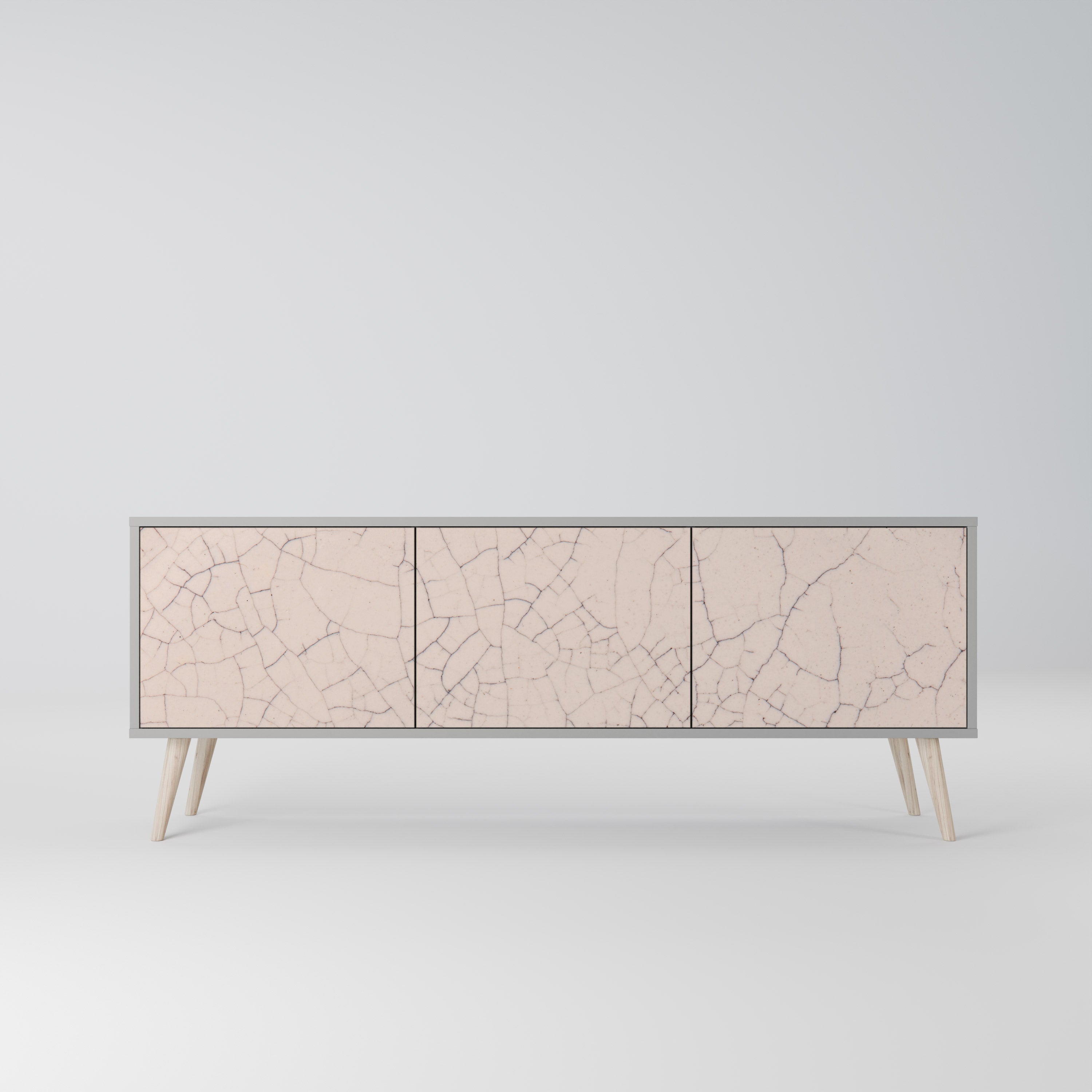 Meuble TV 3 portes en céramique texturée, finition grise