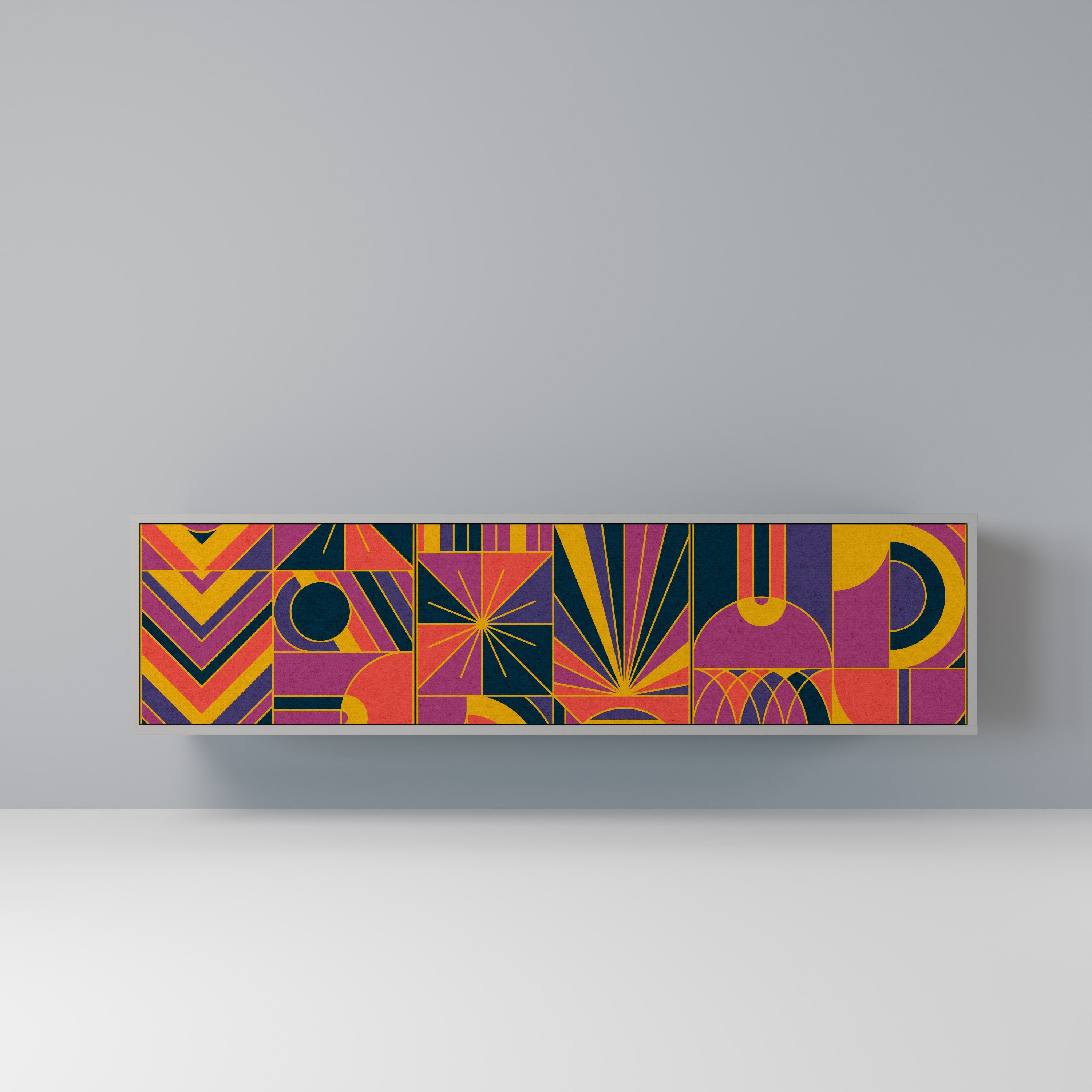 Meuble TV 3 portes ELECTRIC PATTERNS, finition grise