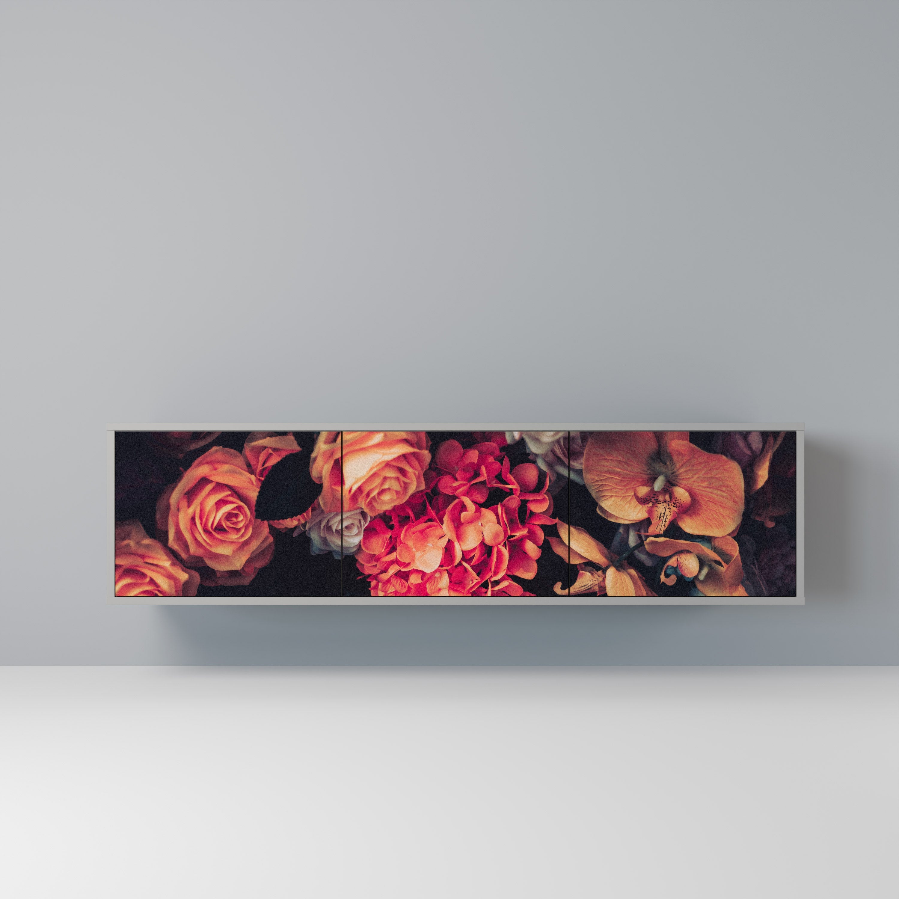 Meuble TV 3 portes NEVERENDING BLOOM, finition grise